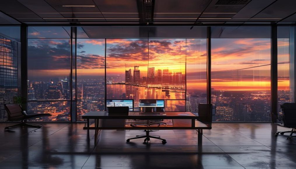 A modern office with a large screen displaying a cityscape at sunset, symbolizing business agility and innovation.