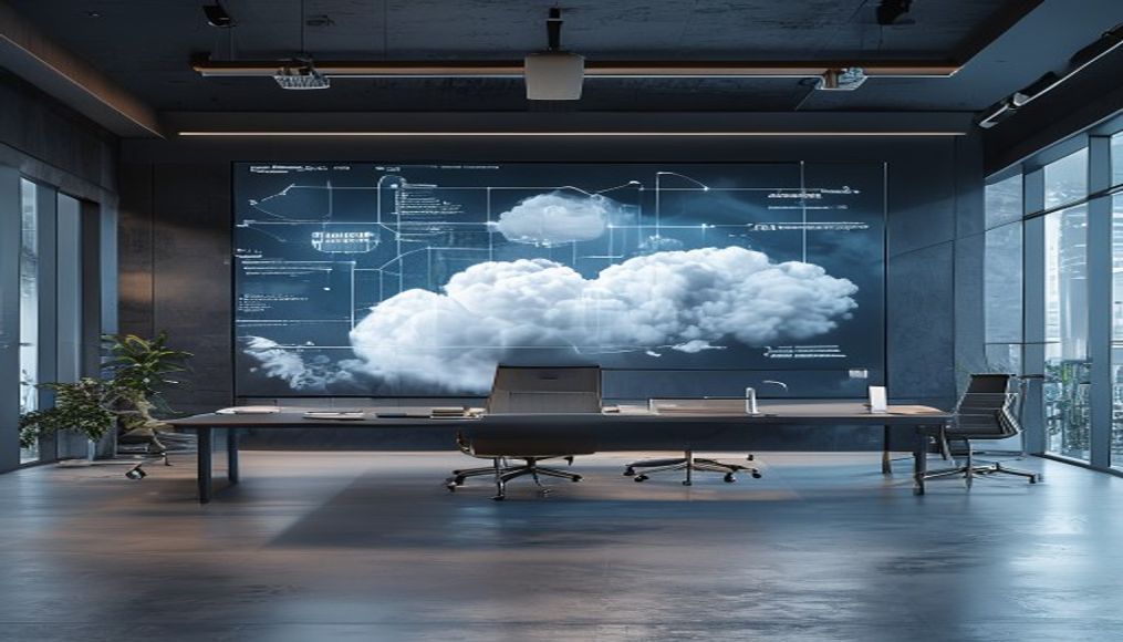 A modern, minimalist office with a large screen displaying a cloud infrastructure diagram, conveying innovation and scalability.