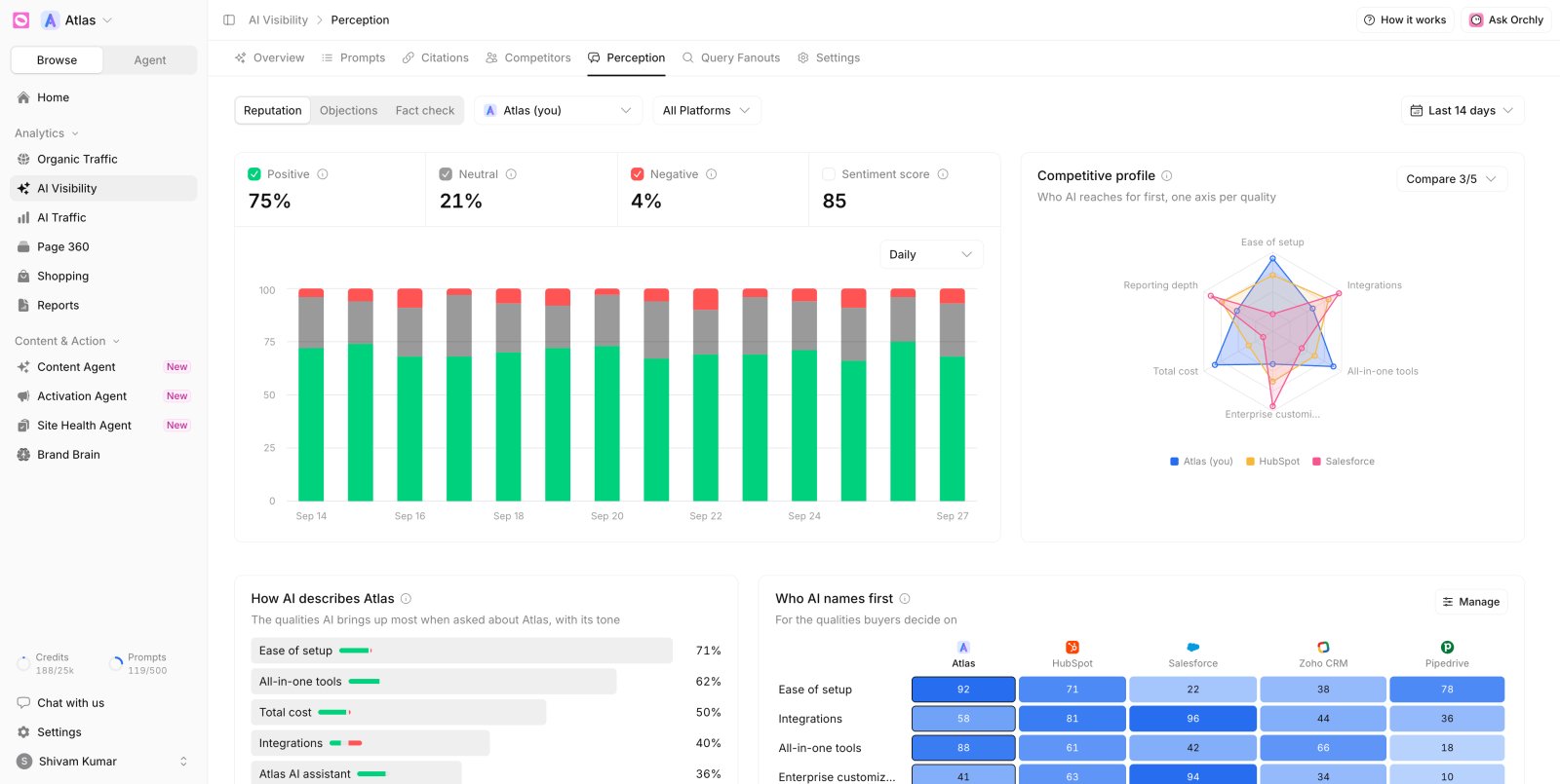 Orchly Perception view showing the attributes and objections AI engines associate with a brand