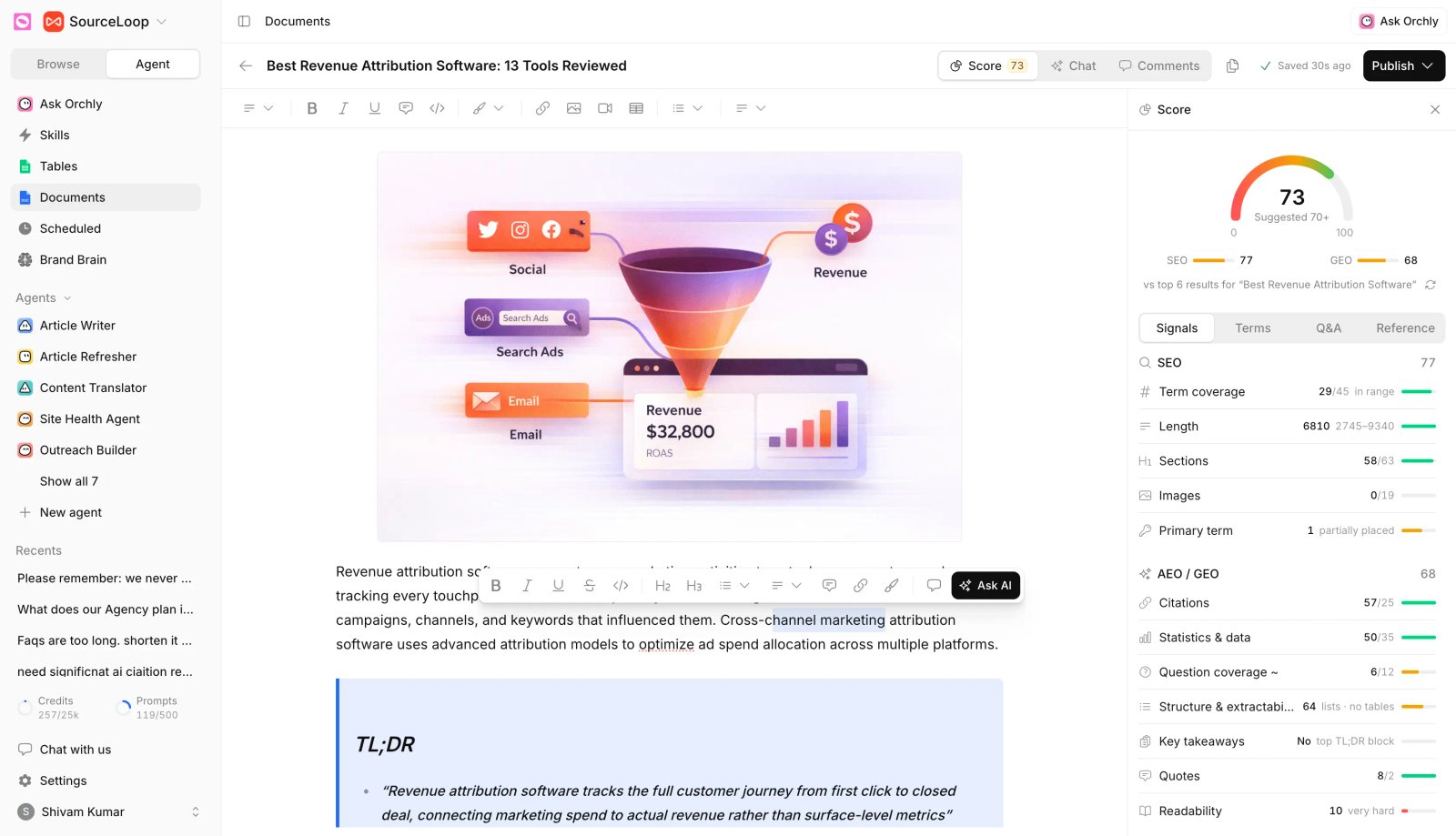 Orchly AI content writing editor drafting an on-brand, AEO-optimized article