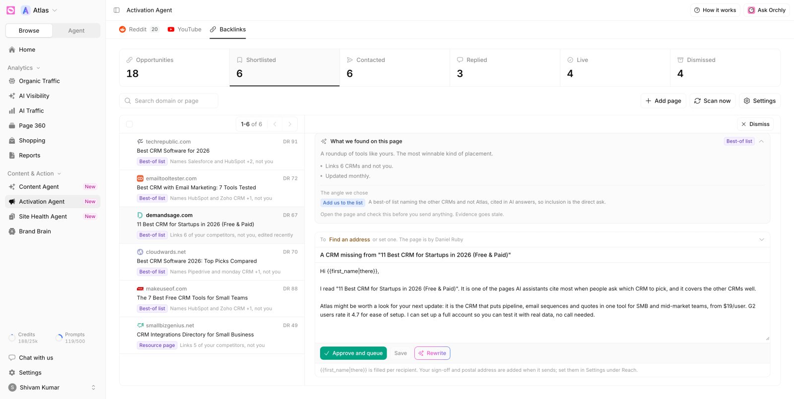 Orchly Activation Agent listing backlink and citation opportunities with outreach through connected email