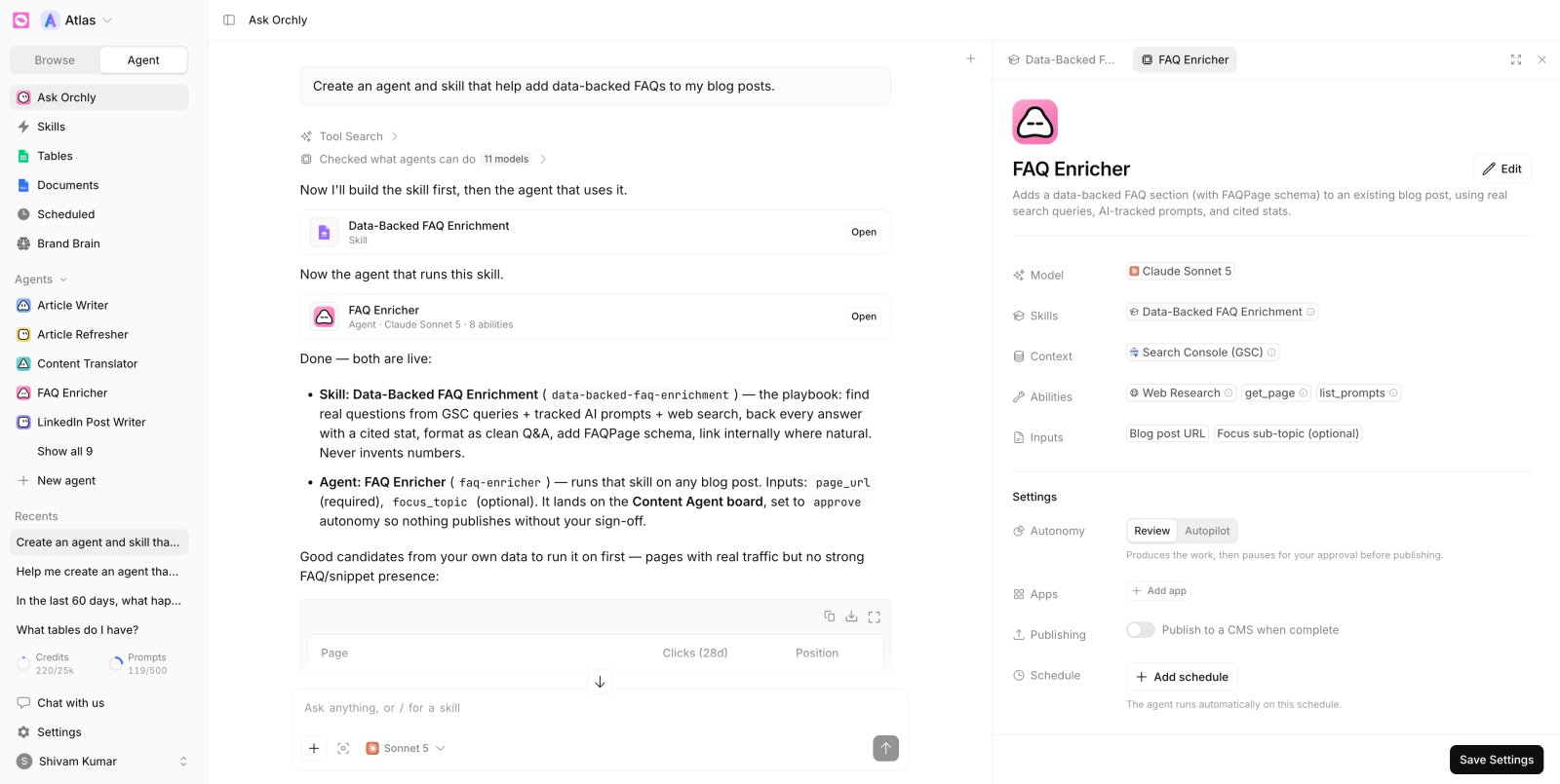 Orchly custom agent builder creating a marketing agent from a chat prompt