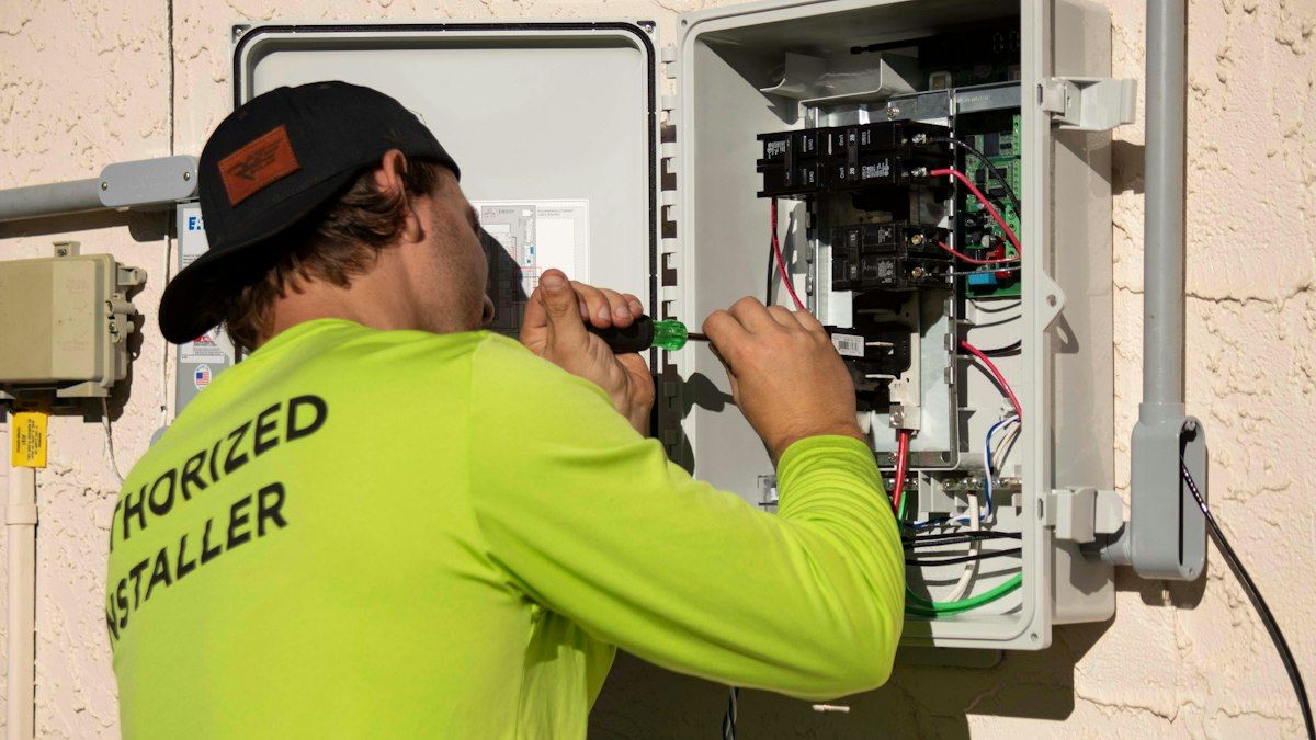 Tecnico al lavoro su un quadro elettrico aperto