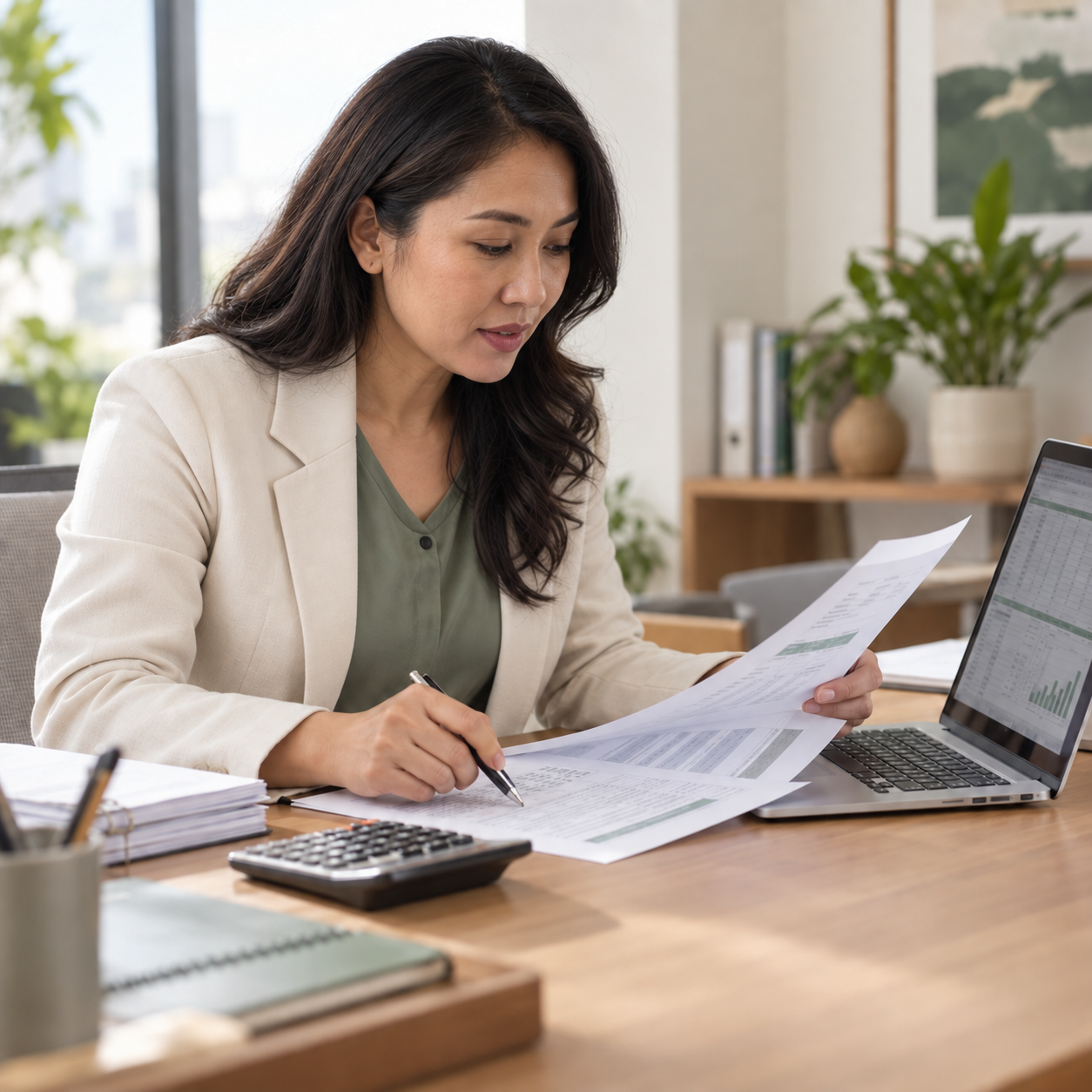 Illustrative scene of an Indonesian accountant carefully checking a financial report against a laptop spreadsheet, with a calculator and organised documents