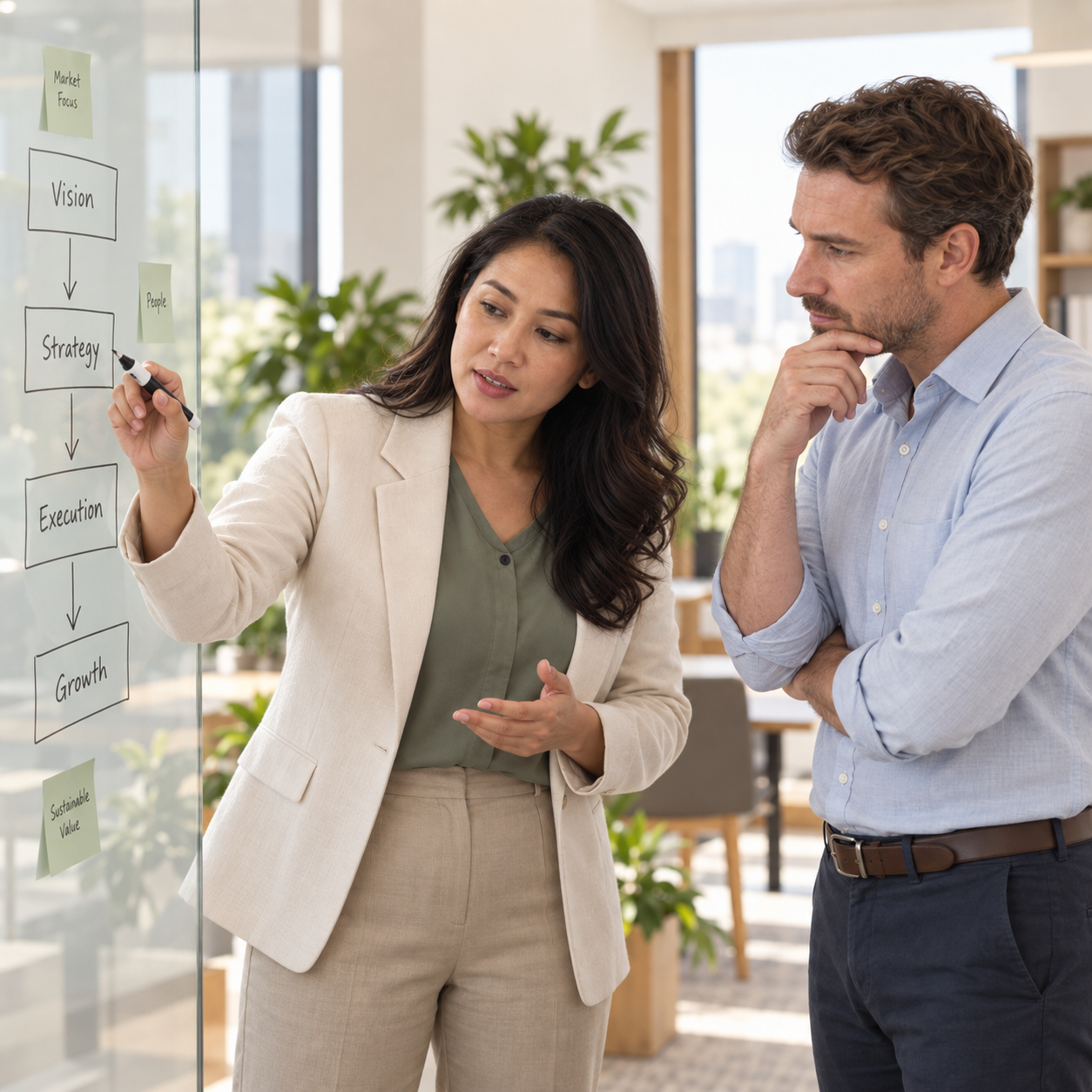 Illustrative scene of the Indonesian consultant and a business owner planning milestones together at a glass board