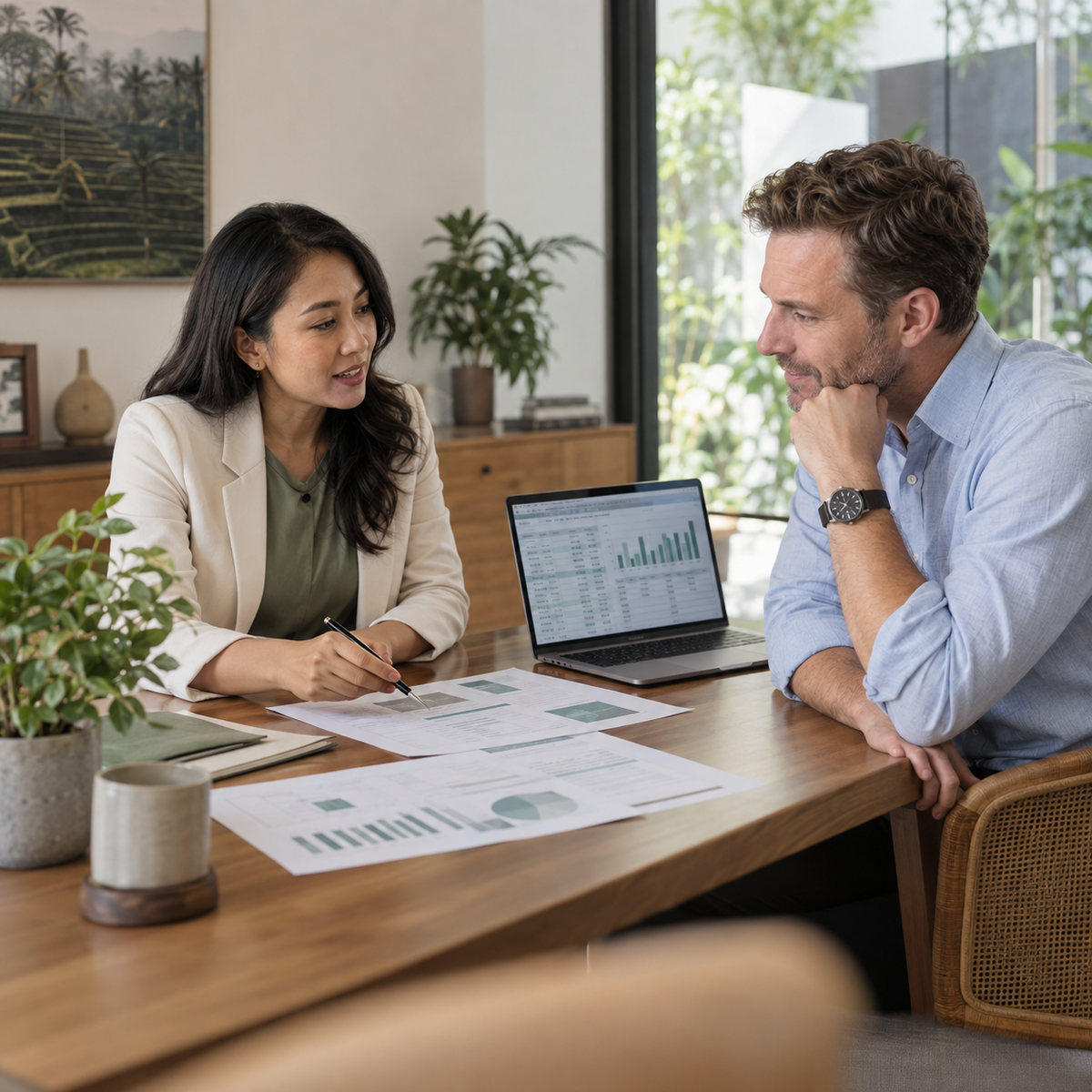 Illustrative scene of an Indonesian consultant and a Caucasian client discussing financial reports with a laptop and paperwork in an office