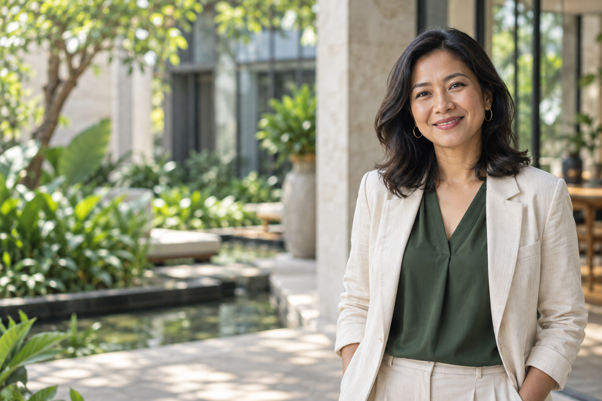Illustrative portrait of a smiling business owner in a leafy courtyard