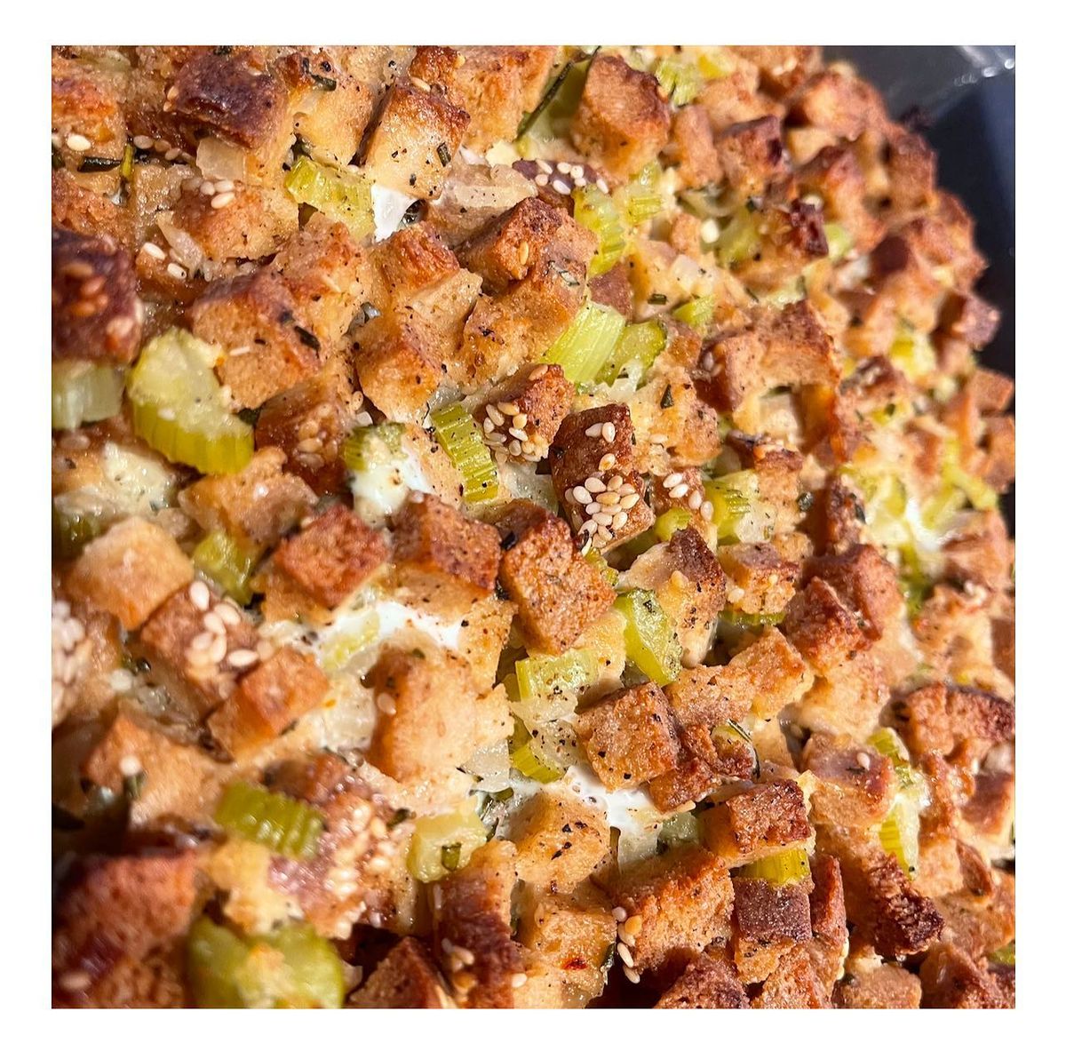 Close up image of grain free stuffing in a serving dish