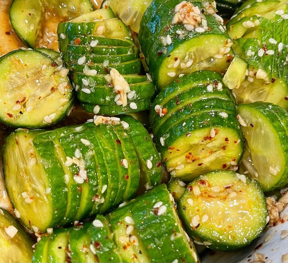 Persian cucumbers in vinegar with red chili flakes