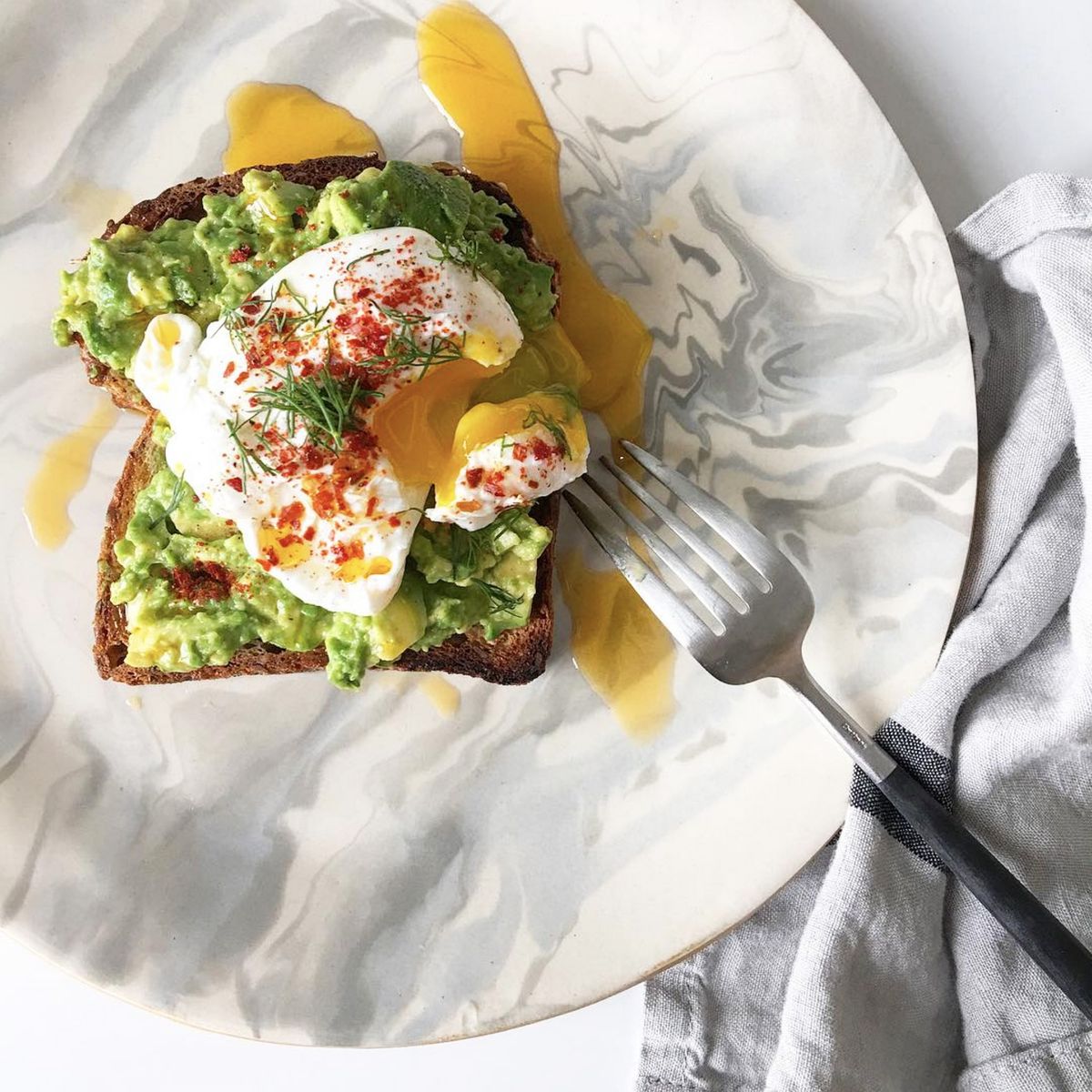 Poached egg on avocado toast on a plate