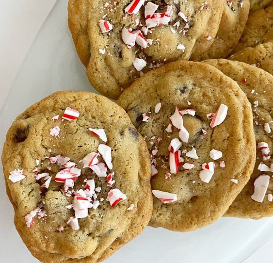 Chocolate chip cookies with crushed candy canes on top