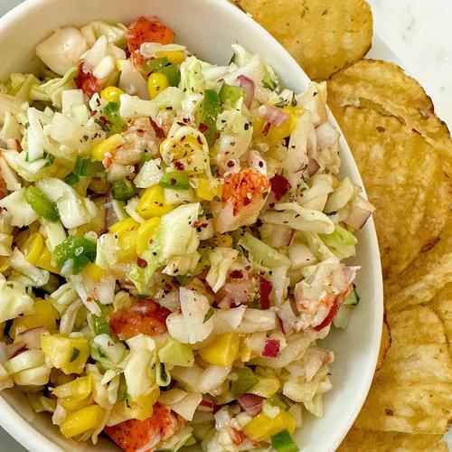 Mayo-free lobster salad plated with grain free chips 