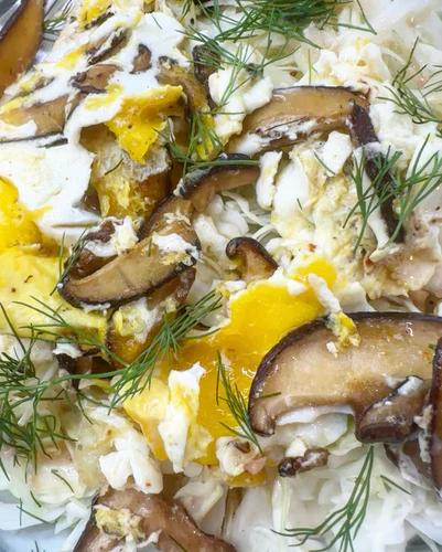 Egg salad topped with shiitake mushrooms, green cabbage, fresh torn dill and a dash of JF Spicy Salt.