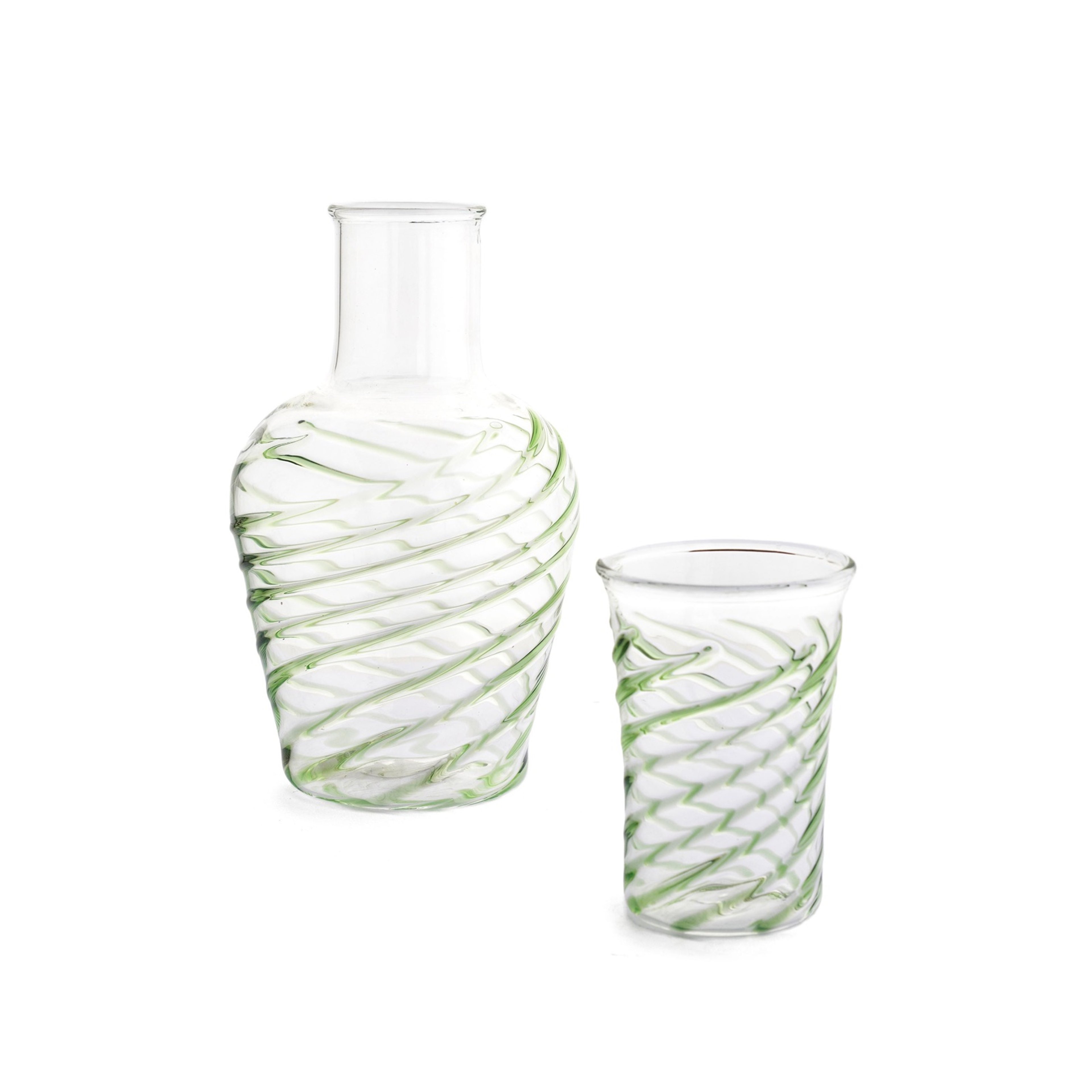 Mondgeblazen glazen karaf met bijpassend glas, met een groene spiraal