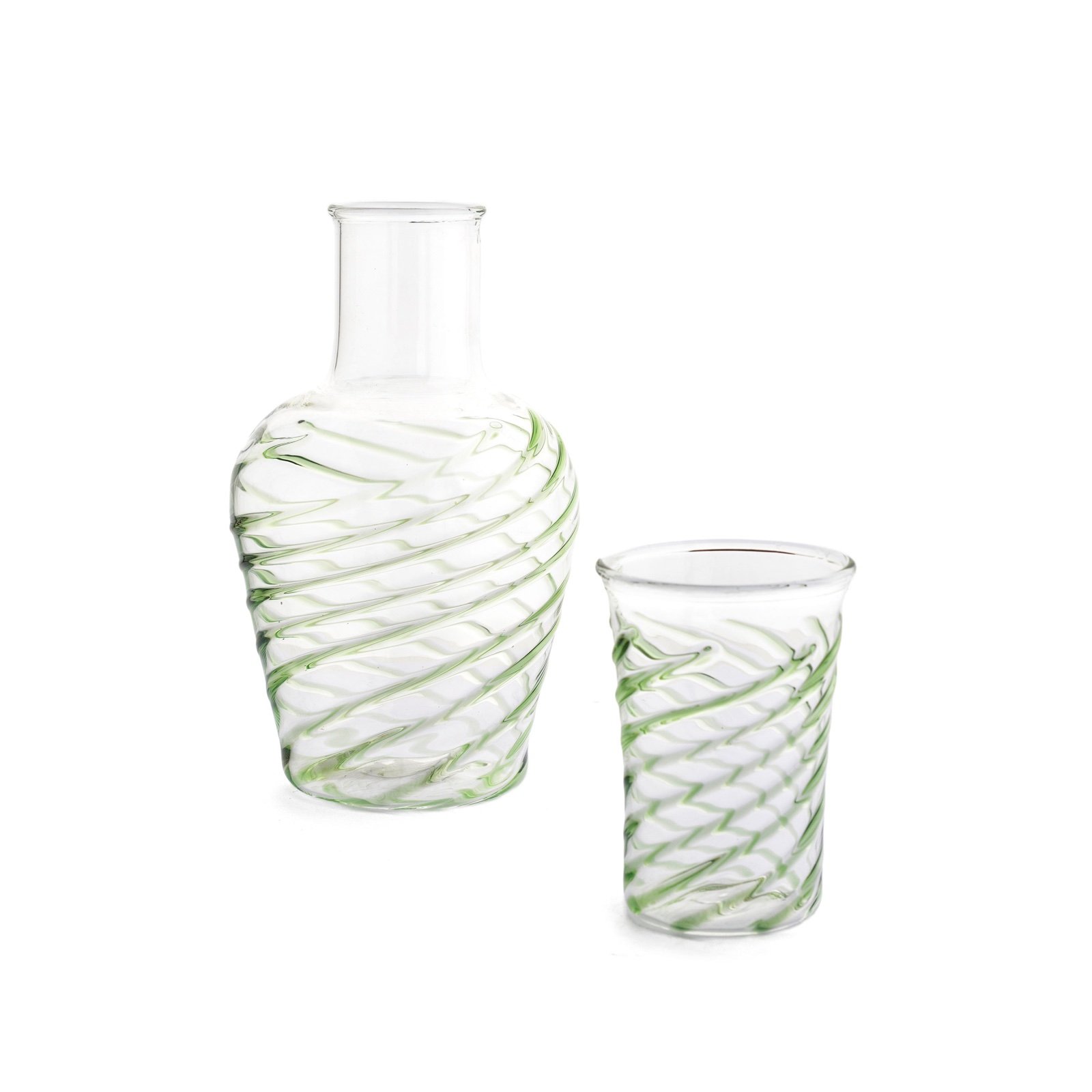Mondgeblazen glazen karaf met bijpassend glas, met een groene spiraal