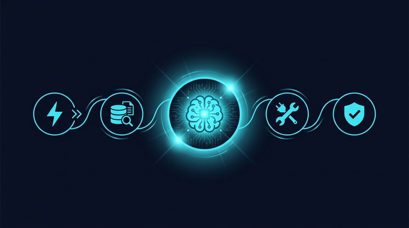 Horizontal pipeline of connected nodes representing an AI automation flow: trigger, context, a glowing central AI model, tools, and output.