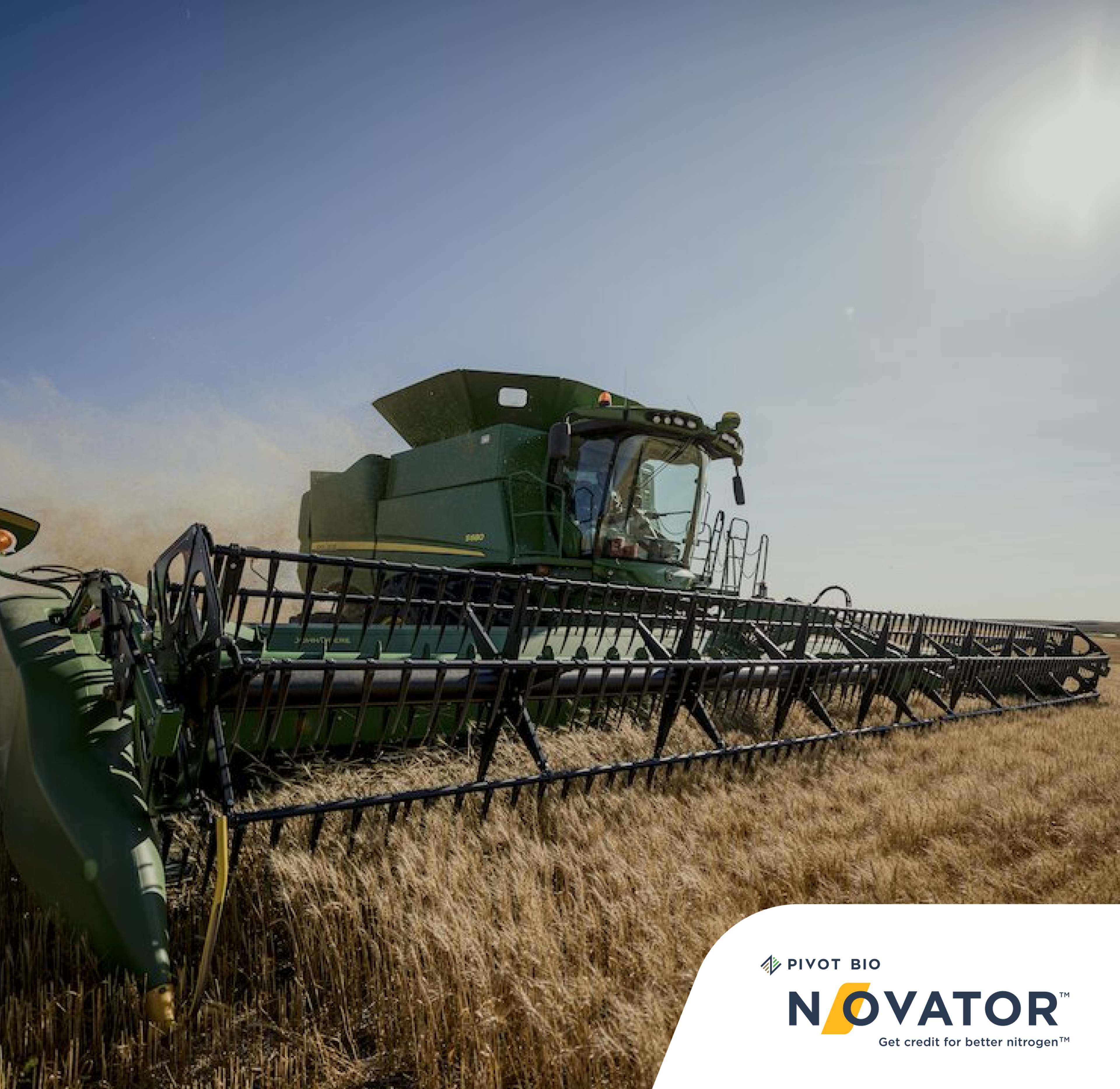 Combine harvesting wheat with the Pivot Bio Novator logo in the corner