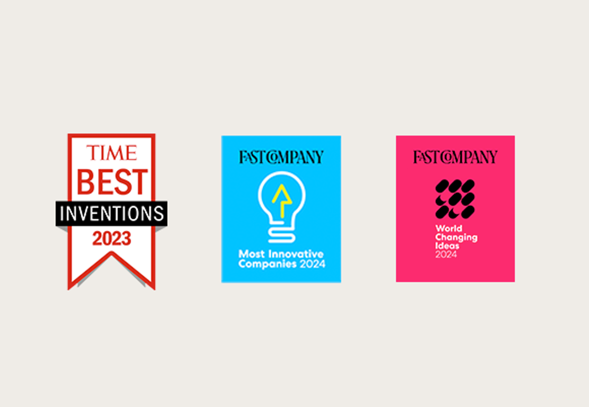 Award logos for TIME Best Inventions 2023, Fast Company Most Innovative Companies 2024, and Fast Company World Changing Ideas 2024.