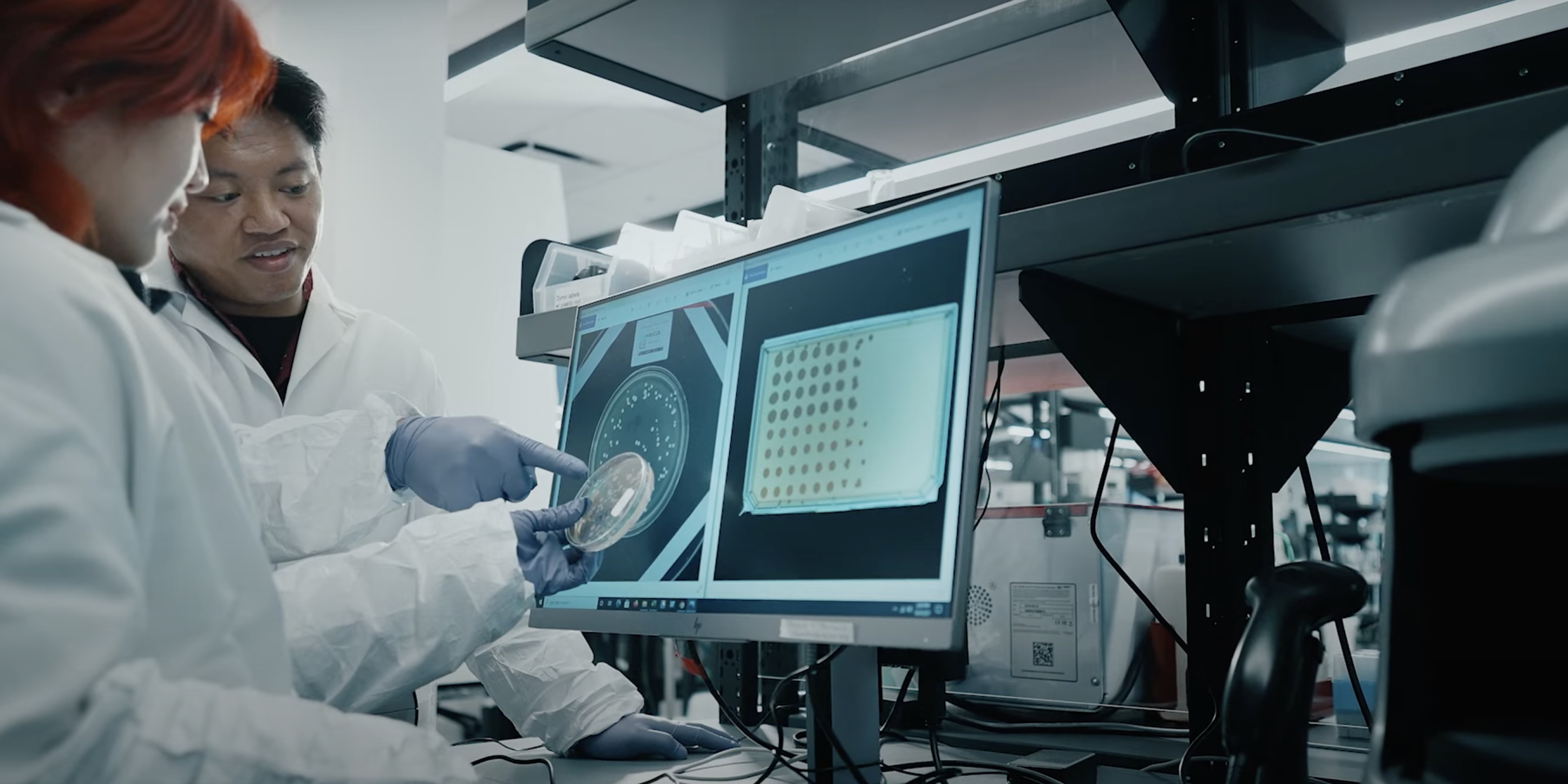 Two Pivot Bio Scientists Analyze Microbes on a Computer in the Lab