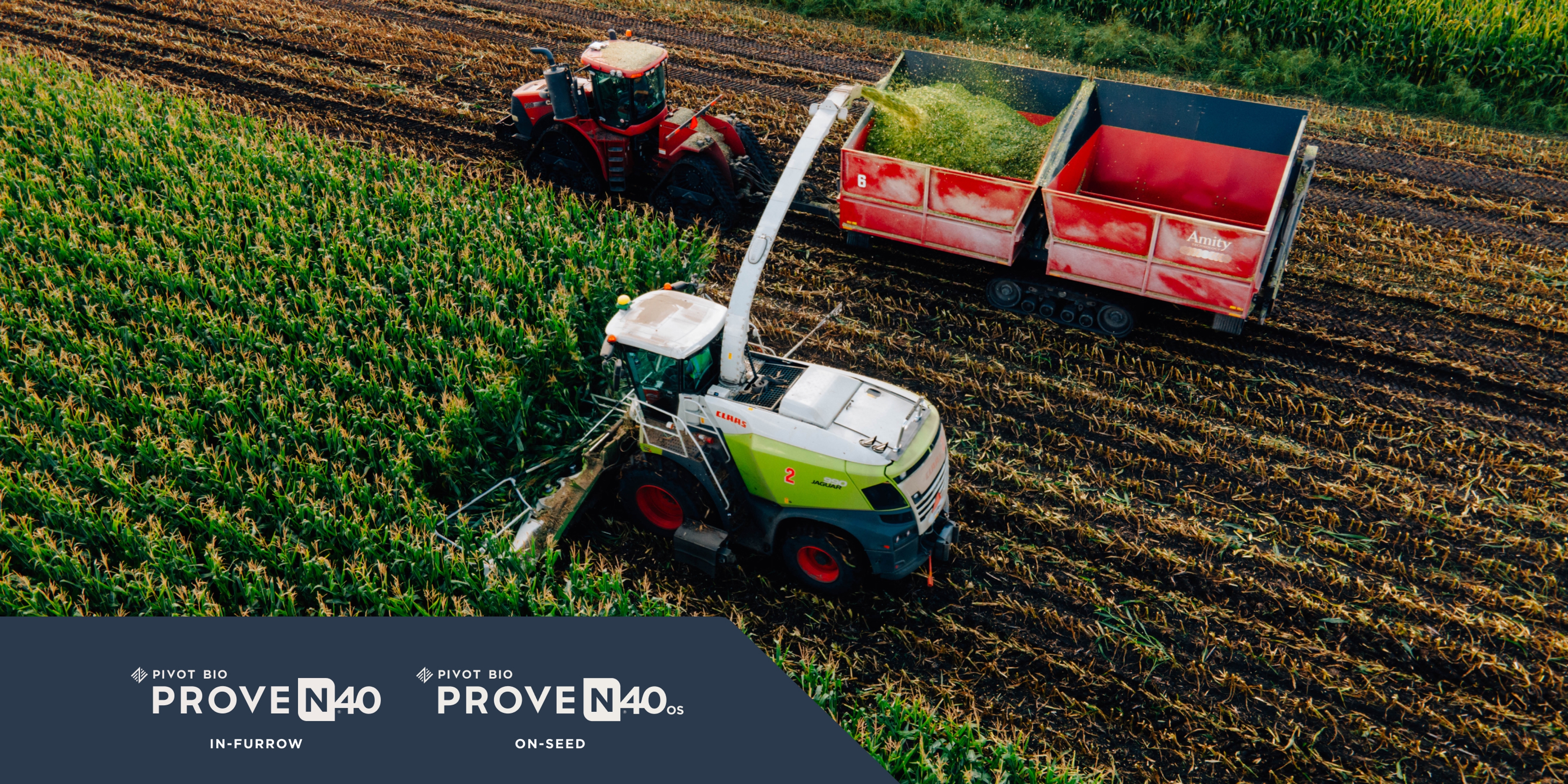 Photo of a tracker cutting corn plants that were planted with Pivot Bio Proven40 and Pivot Bio Proven 40 OS logos in the corner