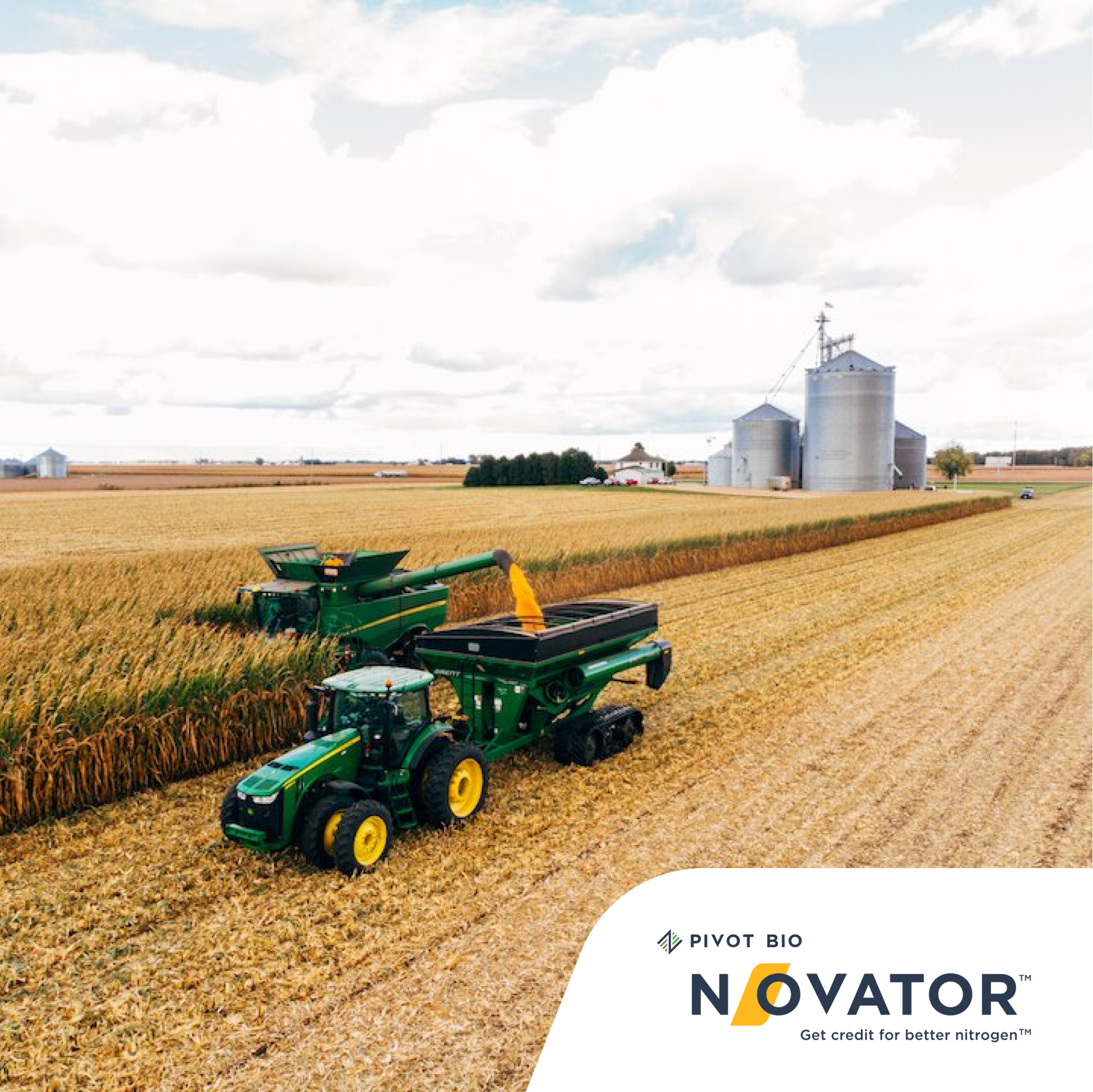 Image of a tractor in a wheat field with the Pivot Bio N-OVATOR logo in the bottom right