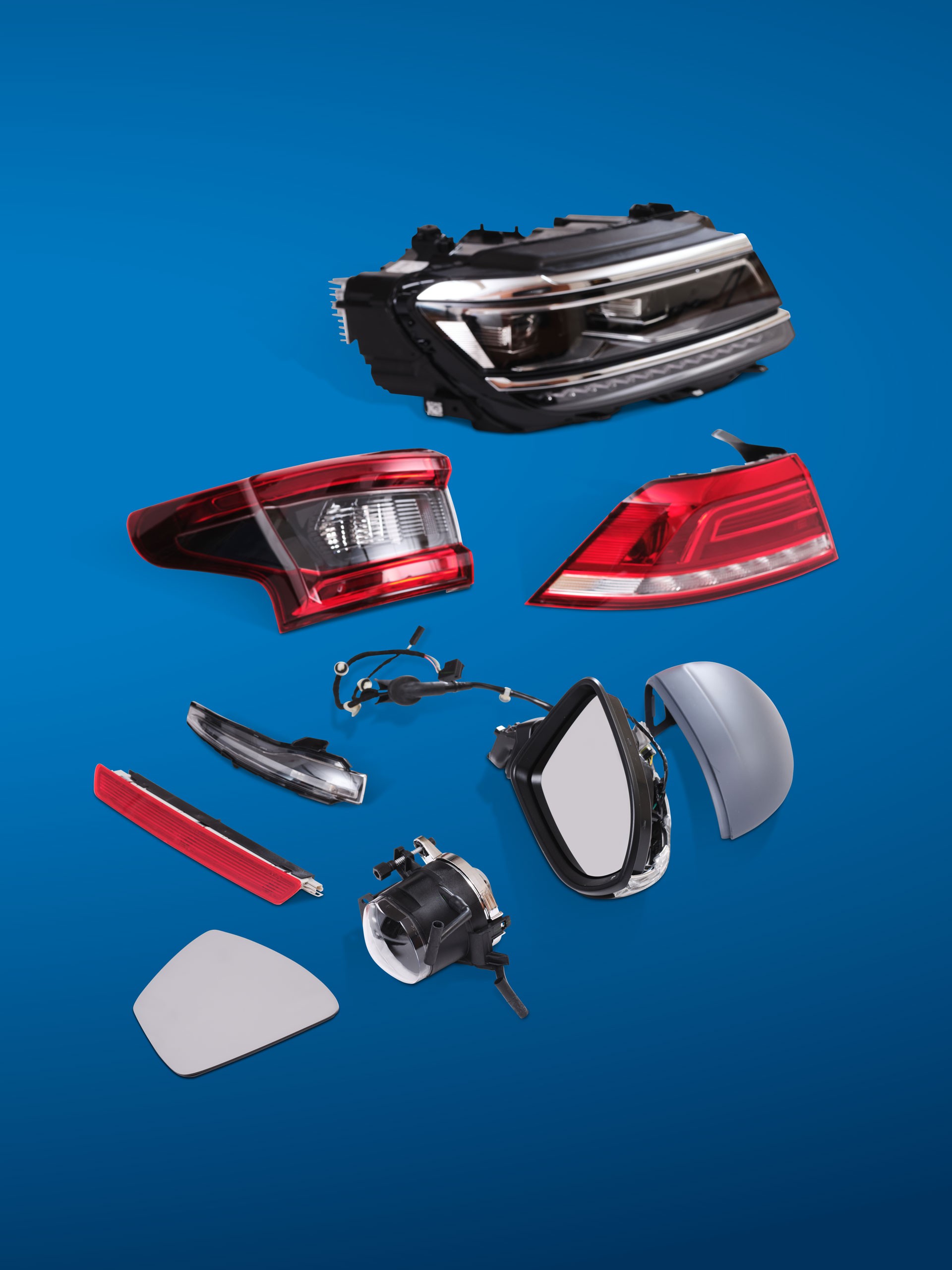 Bildelar mot blå bakrund