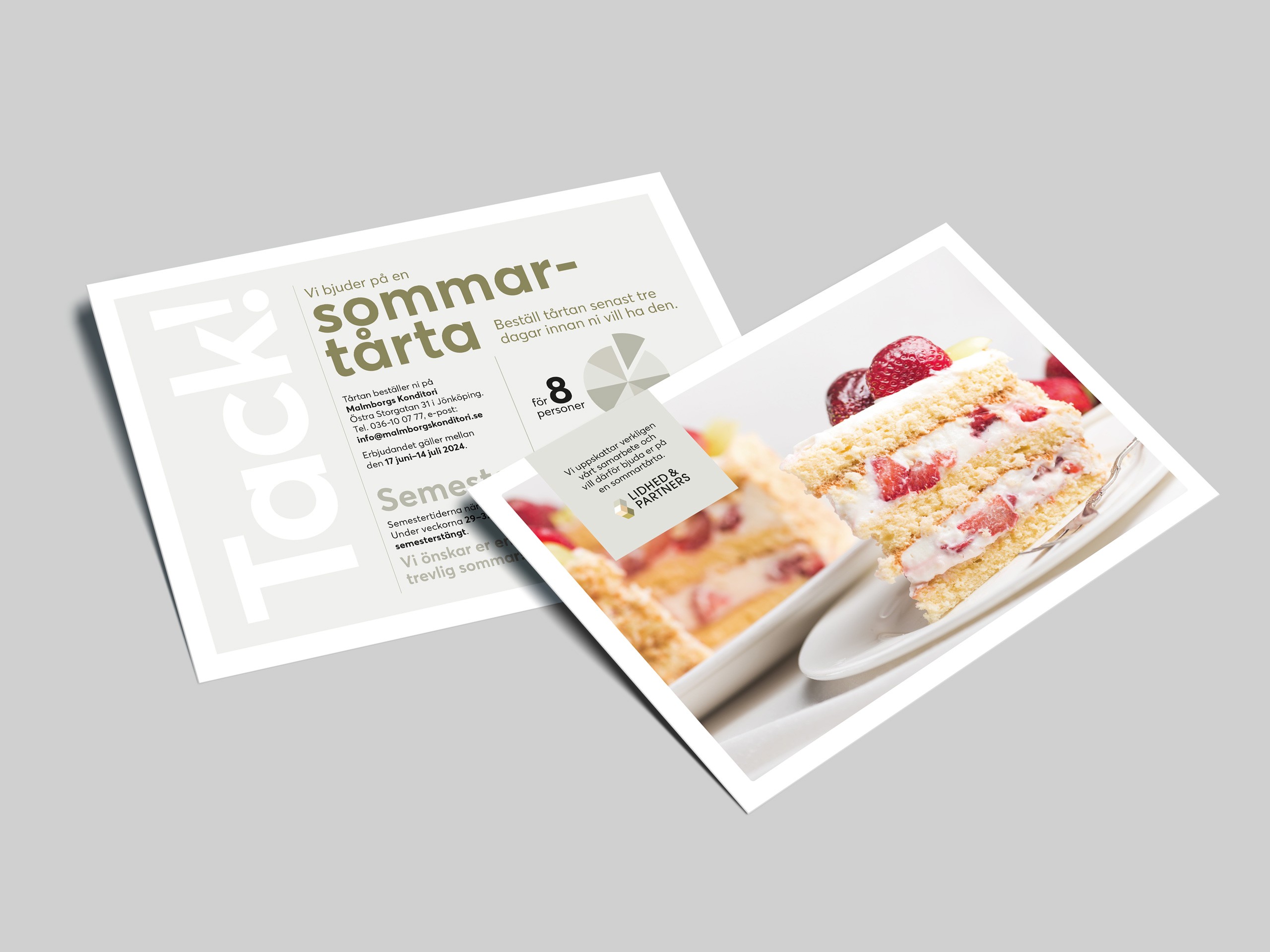Vykort med tackhälsning och sommartårta