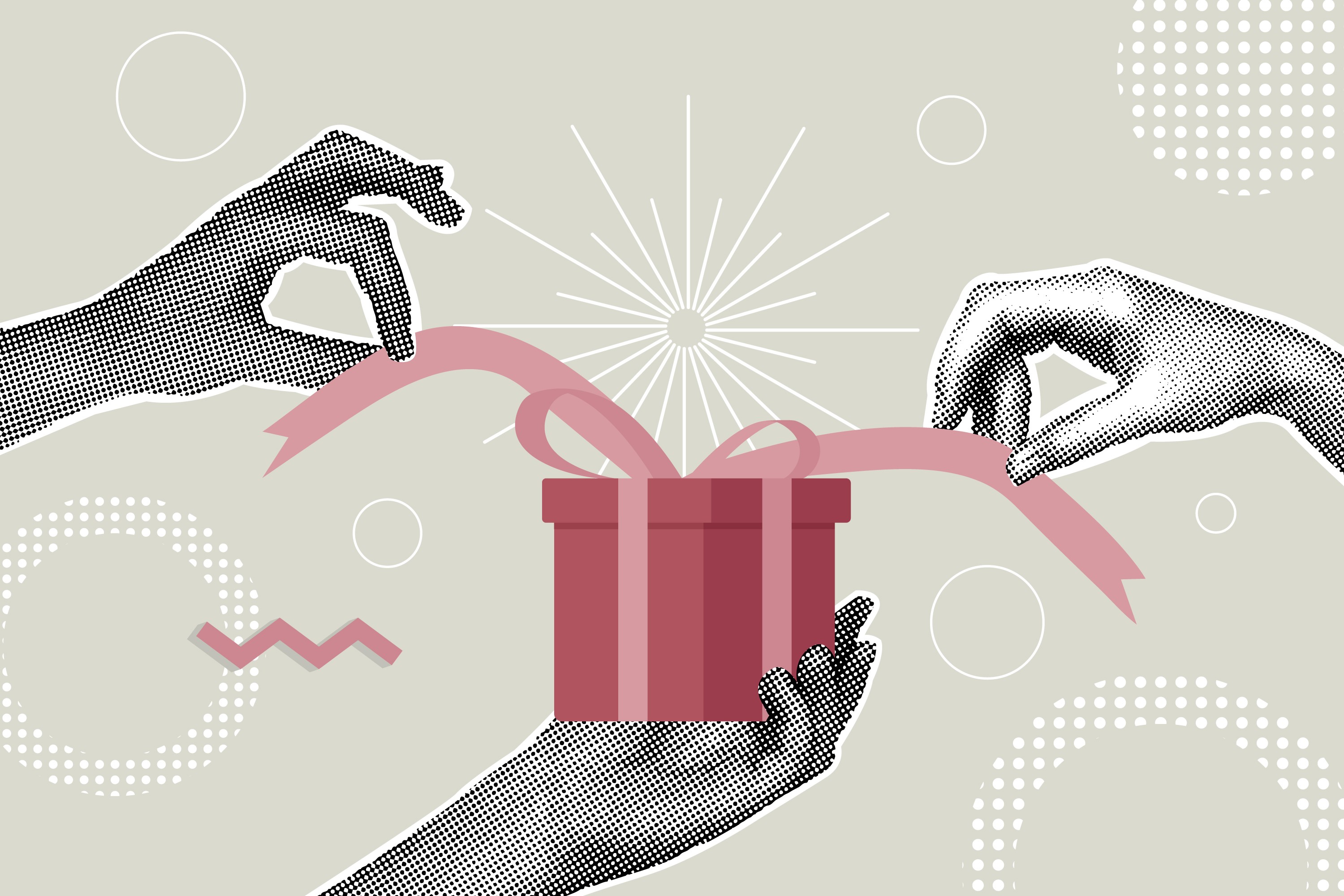 Illustration av tre händer som interagerar med en röd presentask, en håller i den, en annan justerar bandet, och den tredje pekar. Bakgrunden innehåller geometriska mönster och cirklar.