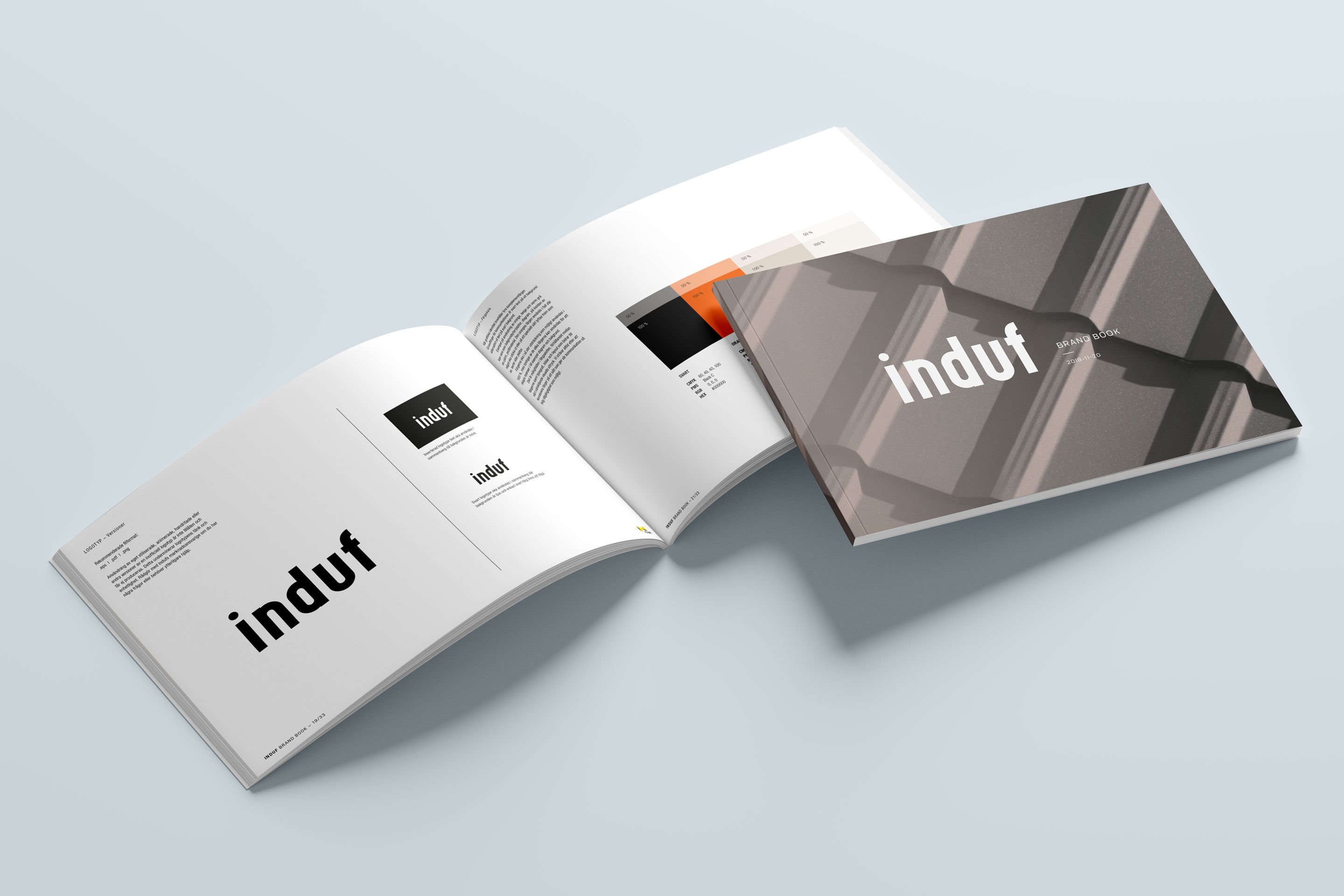 Indufs brandbook som visar hur logotype och färger skall appliceras.