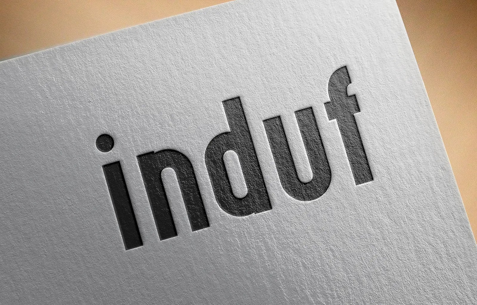 Indufs logotyp präglad på ett bokomslag