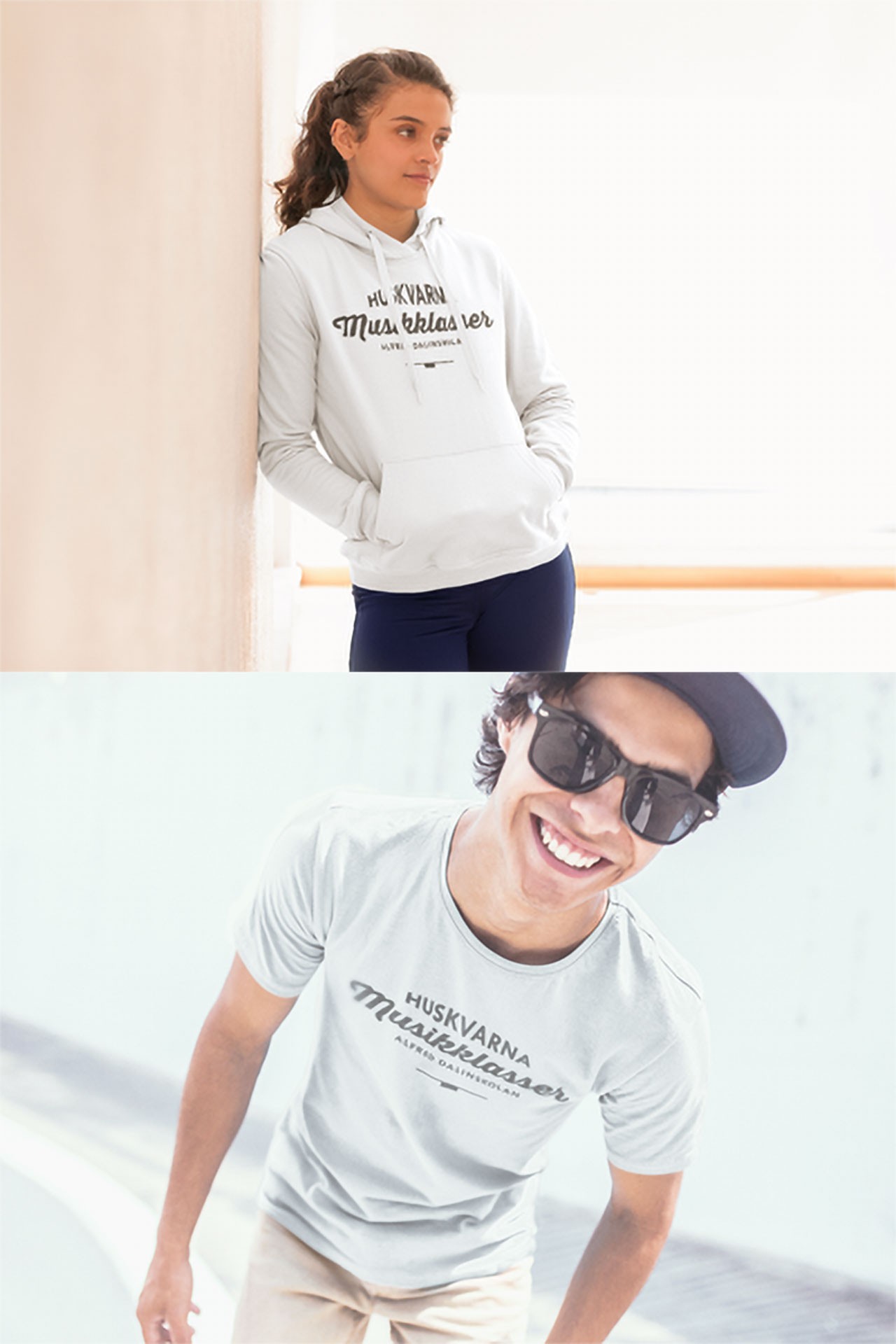 Personer som bär Hoodie och T-shirt med logotypen för Huskvarna Musikklasser