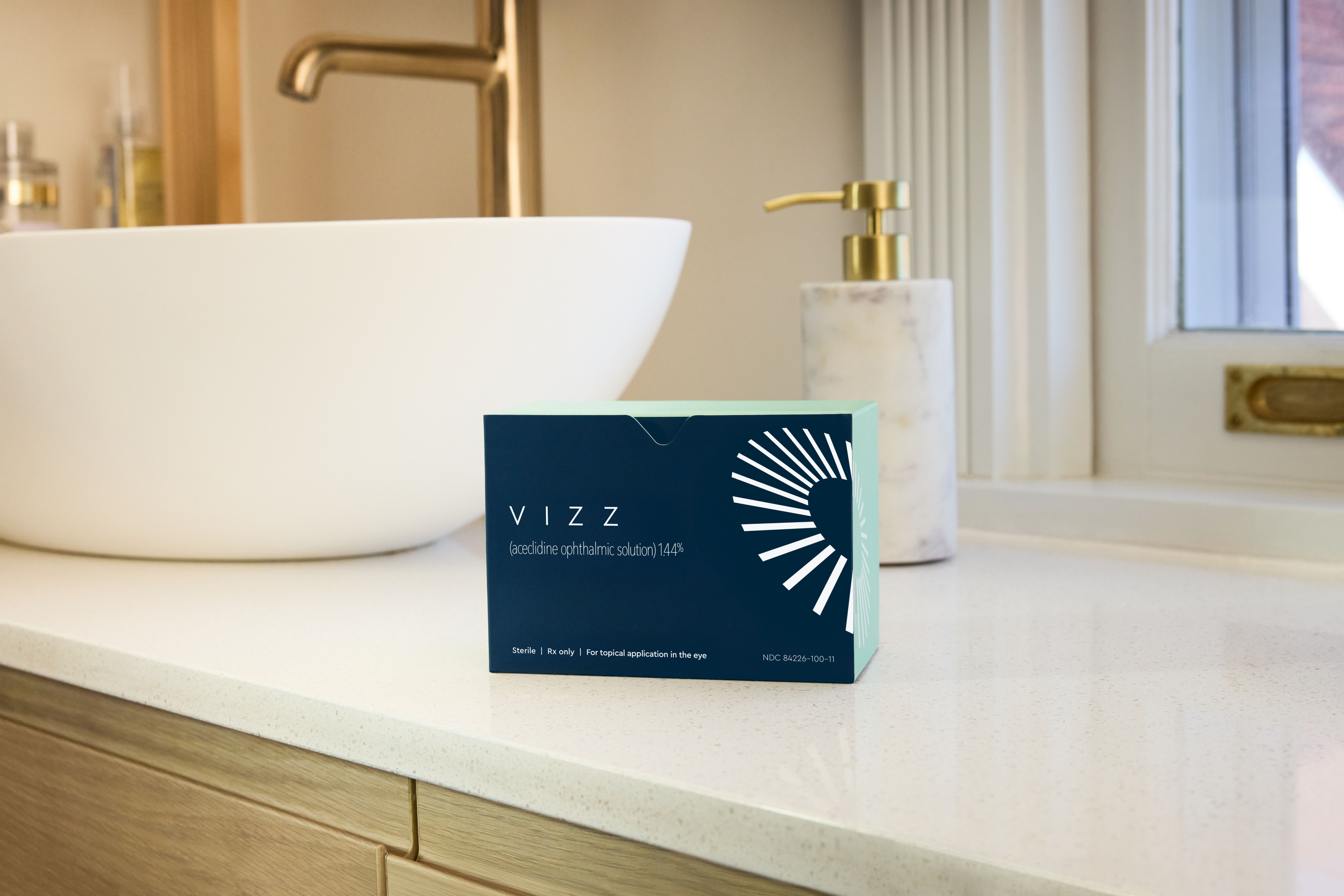 vizz eye drop box in bathroom