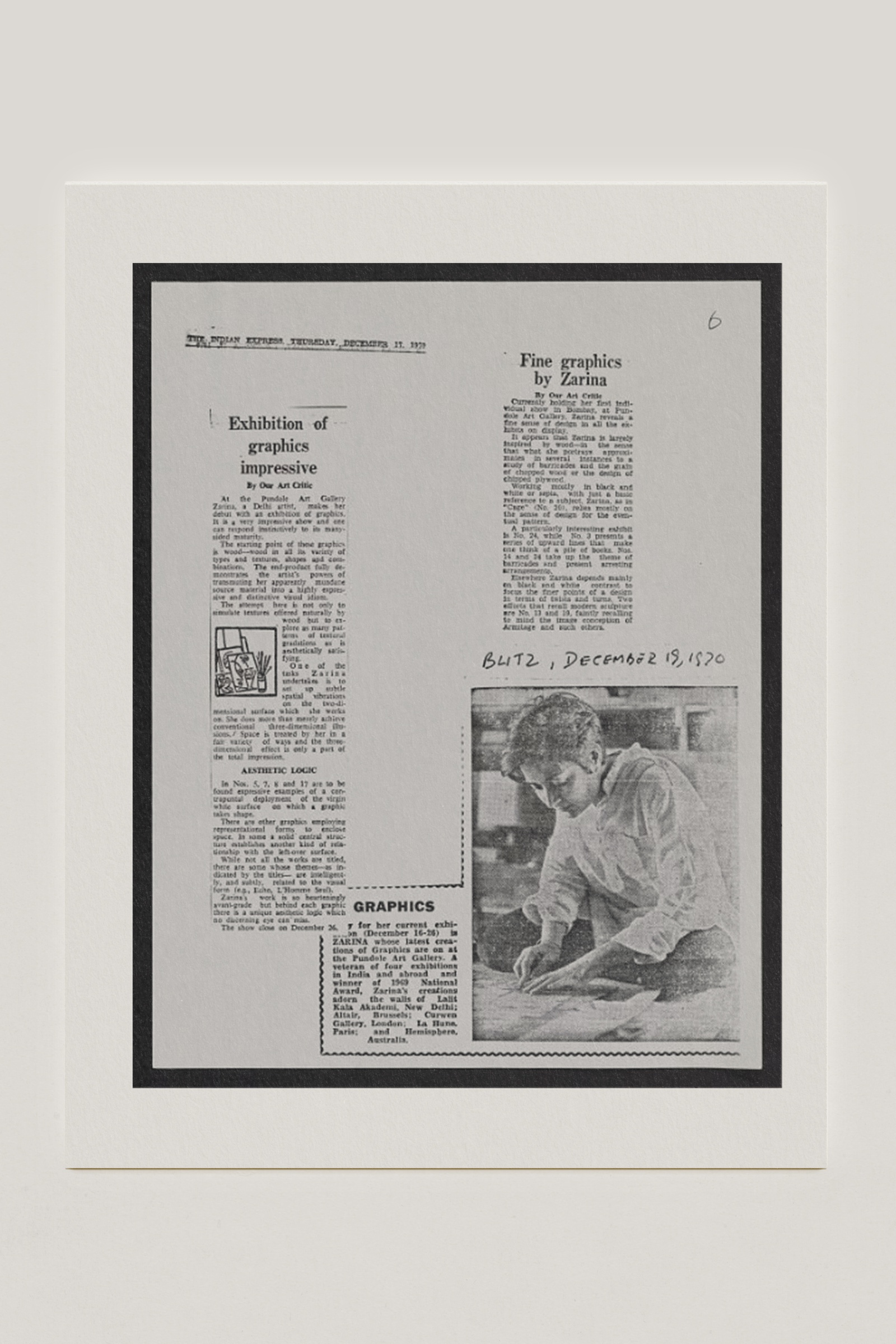 Newspaper clipping of Zarina