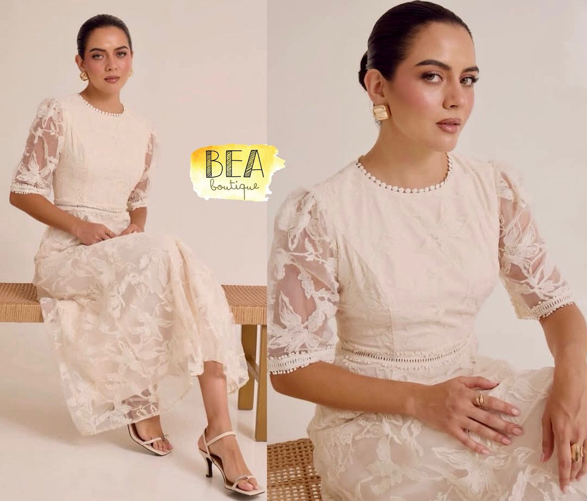 Vestido beige cuello redondo - Image 1