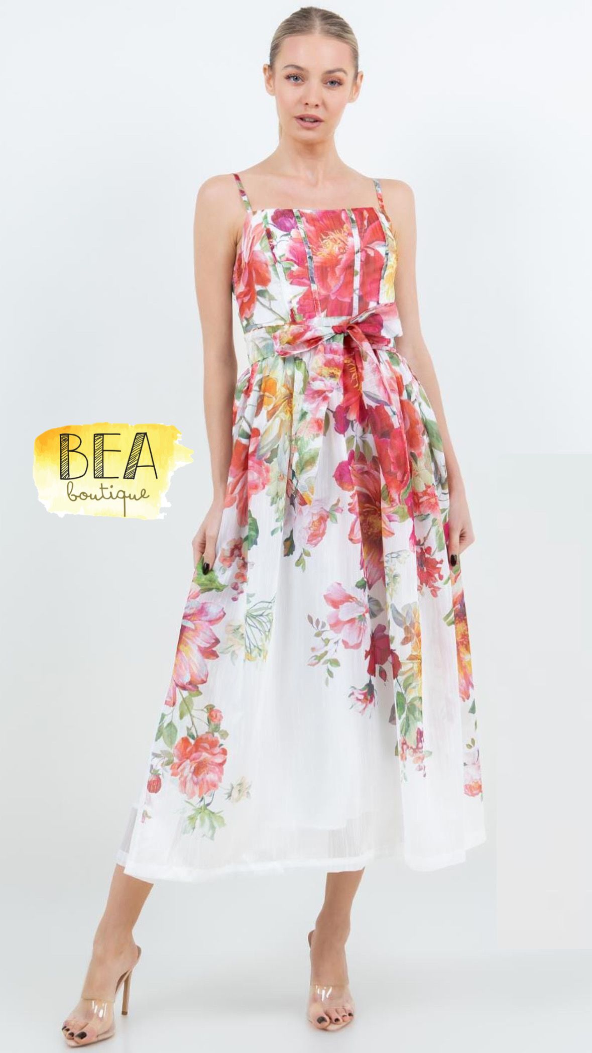 Vestido midi blanco c/ rojo y amarillo  - Image 1