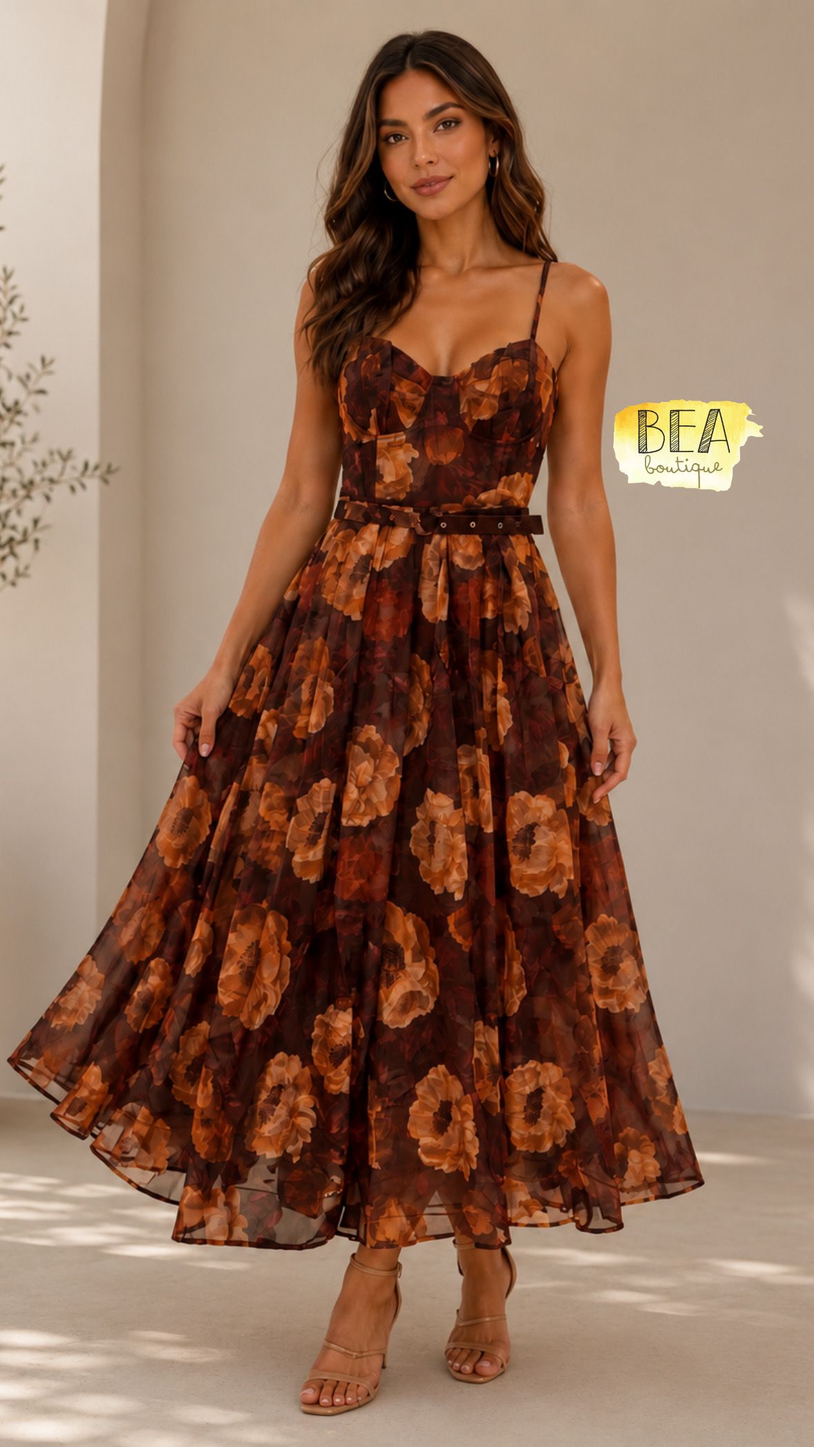 Vestido midi café estampado - Image 1