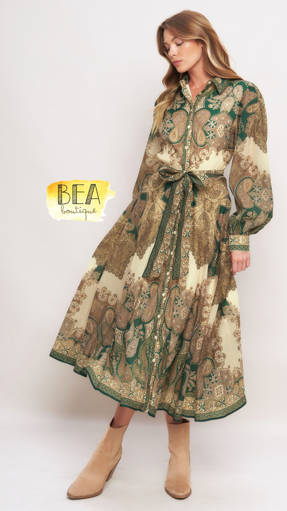 Vestido midi beige c/ verde  - Image 1