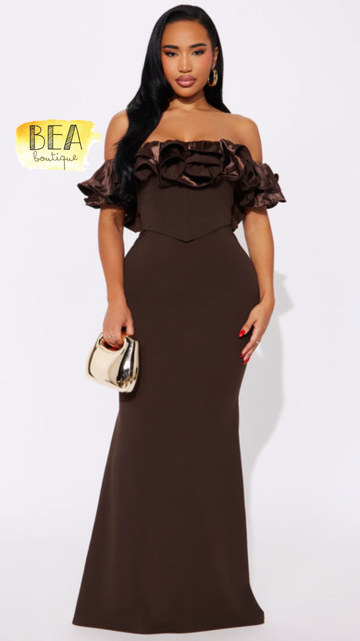 Vestido café manga al hombro  - Image 1