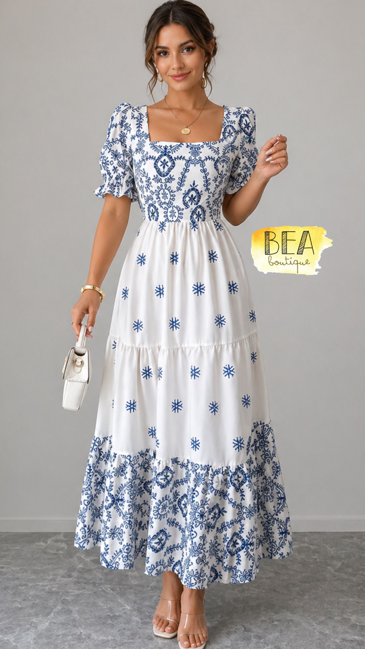 Vestido blanco c/ azul manga corta  - Image 1