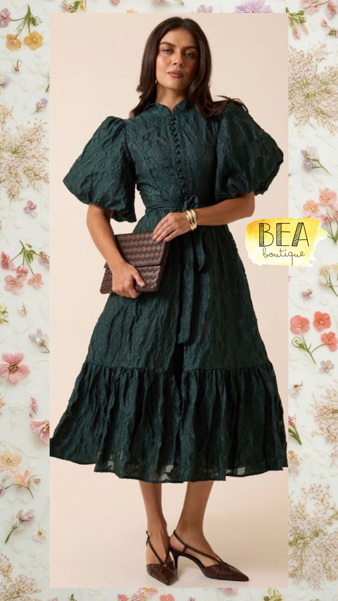 Vestido verde manga globo - Image 1