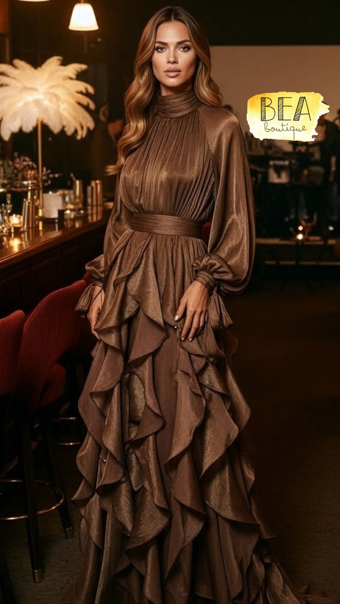 Vestido largo café manga larga - Image 1