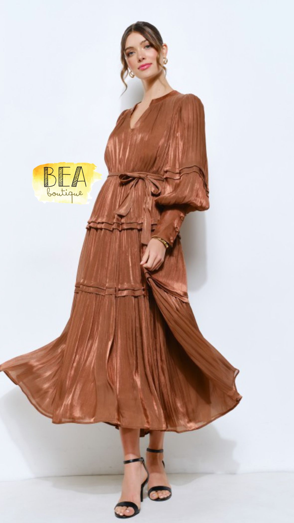 Vestido cobrizado manga globo - Image 1