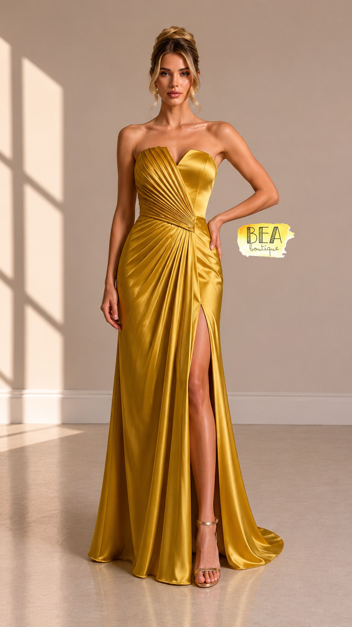 Vestido largo mostaza plisado - Image 1