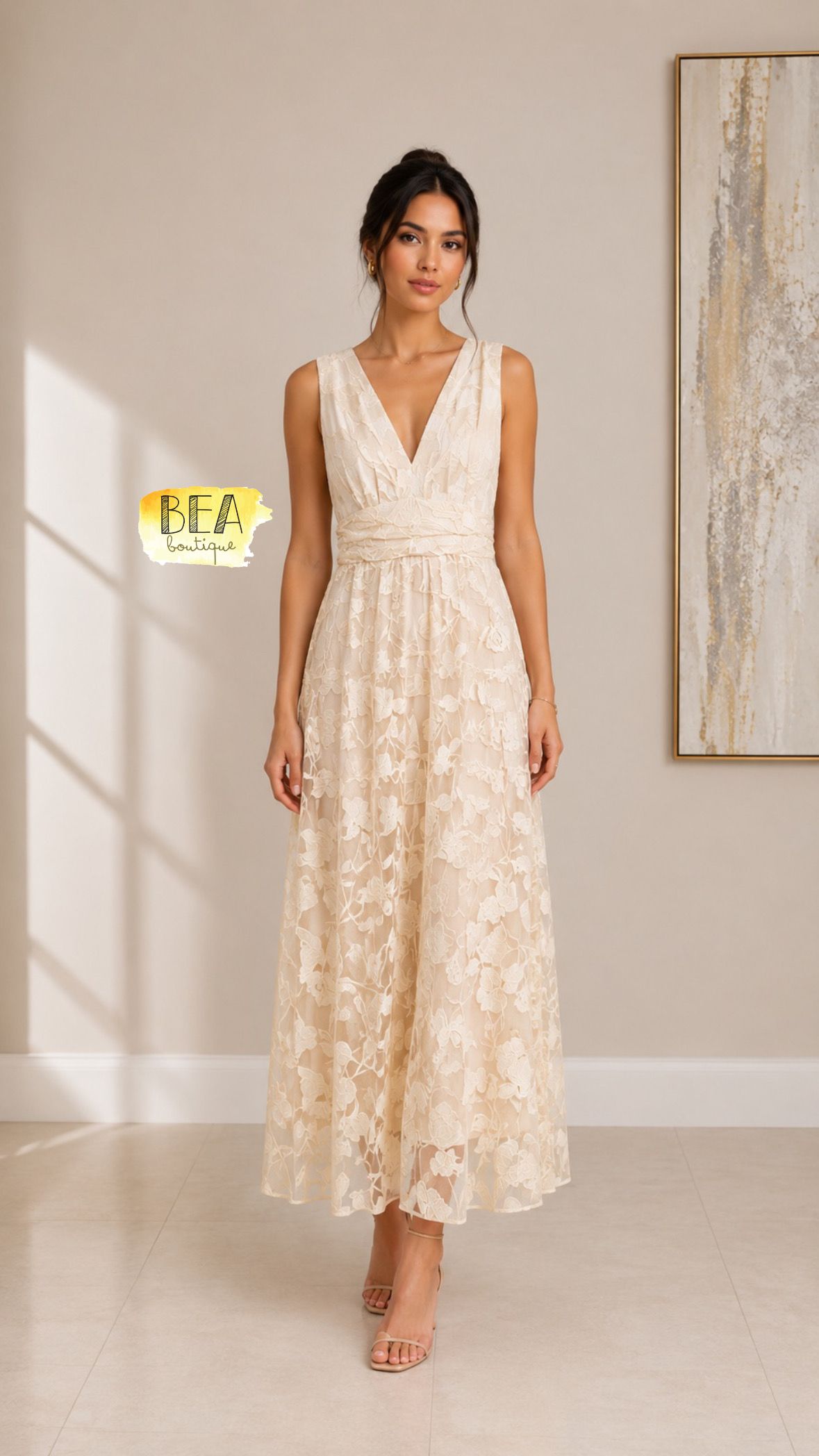 Vestido midi beige c/ moño en espalda - Image 1