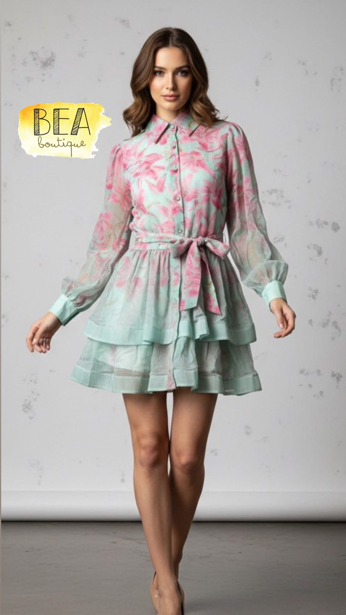 Vestido corto menta c/ rosa - Image 1