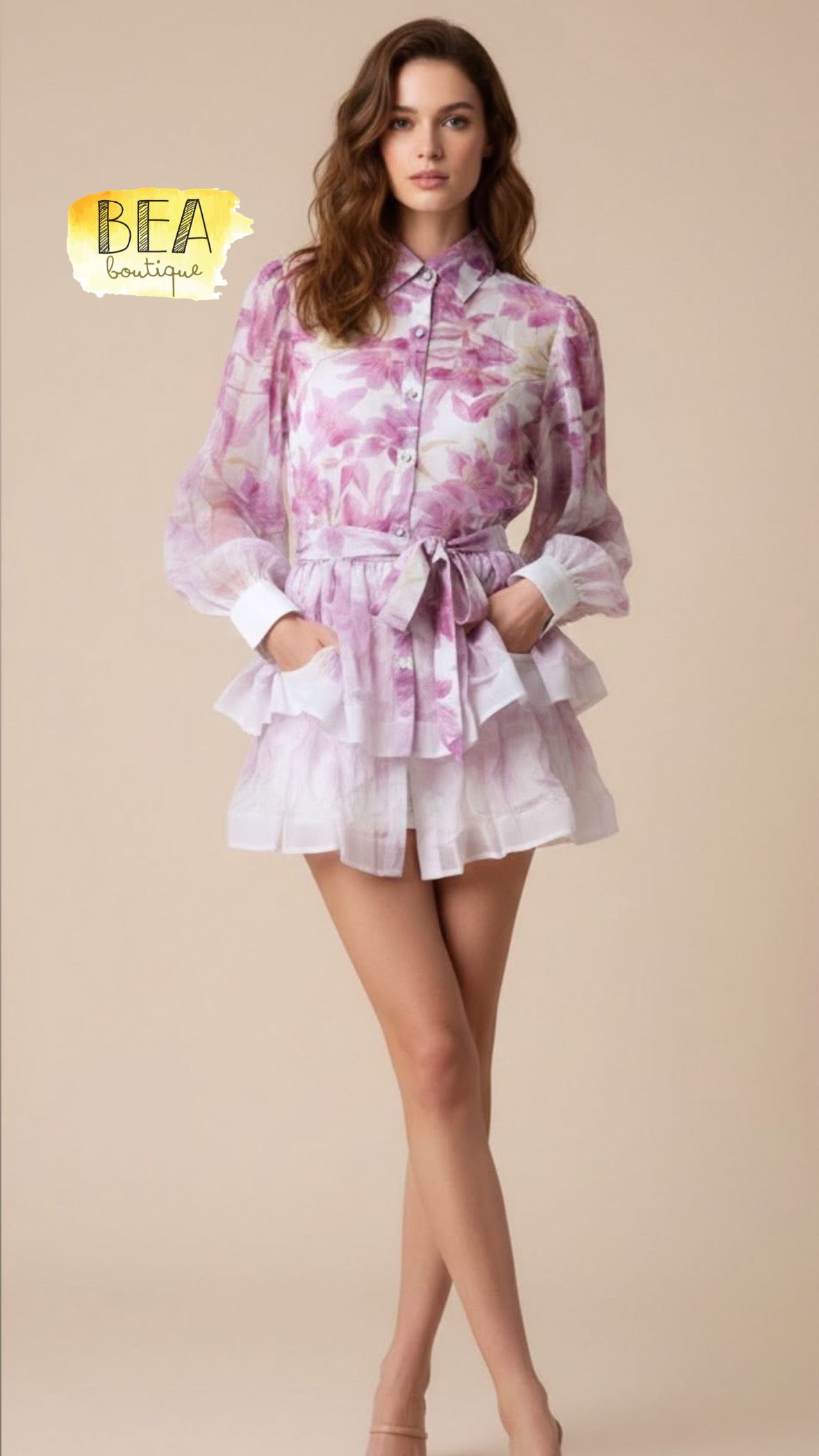 Vestido corto blanco c/ lila - Image 1