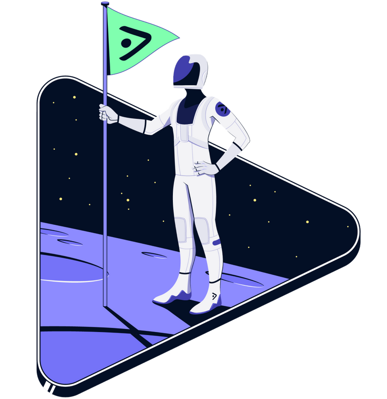TV advertising astronaut helping brands win stands on moon with flag.