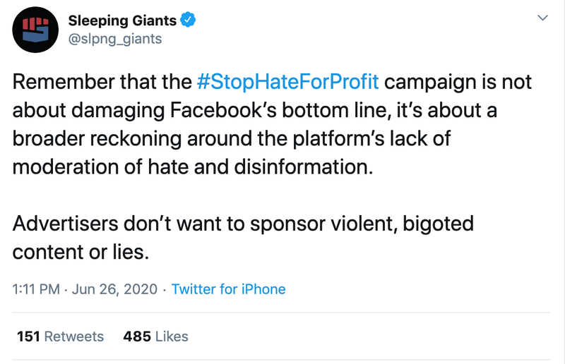 sleeping giants tweet regarding stop hate for profit, its not just about fb's bottom line