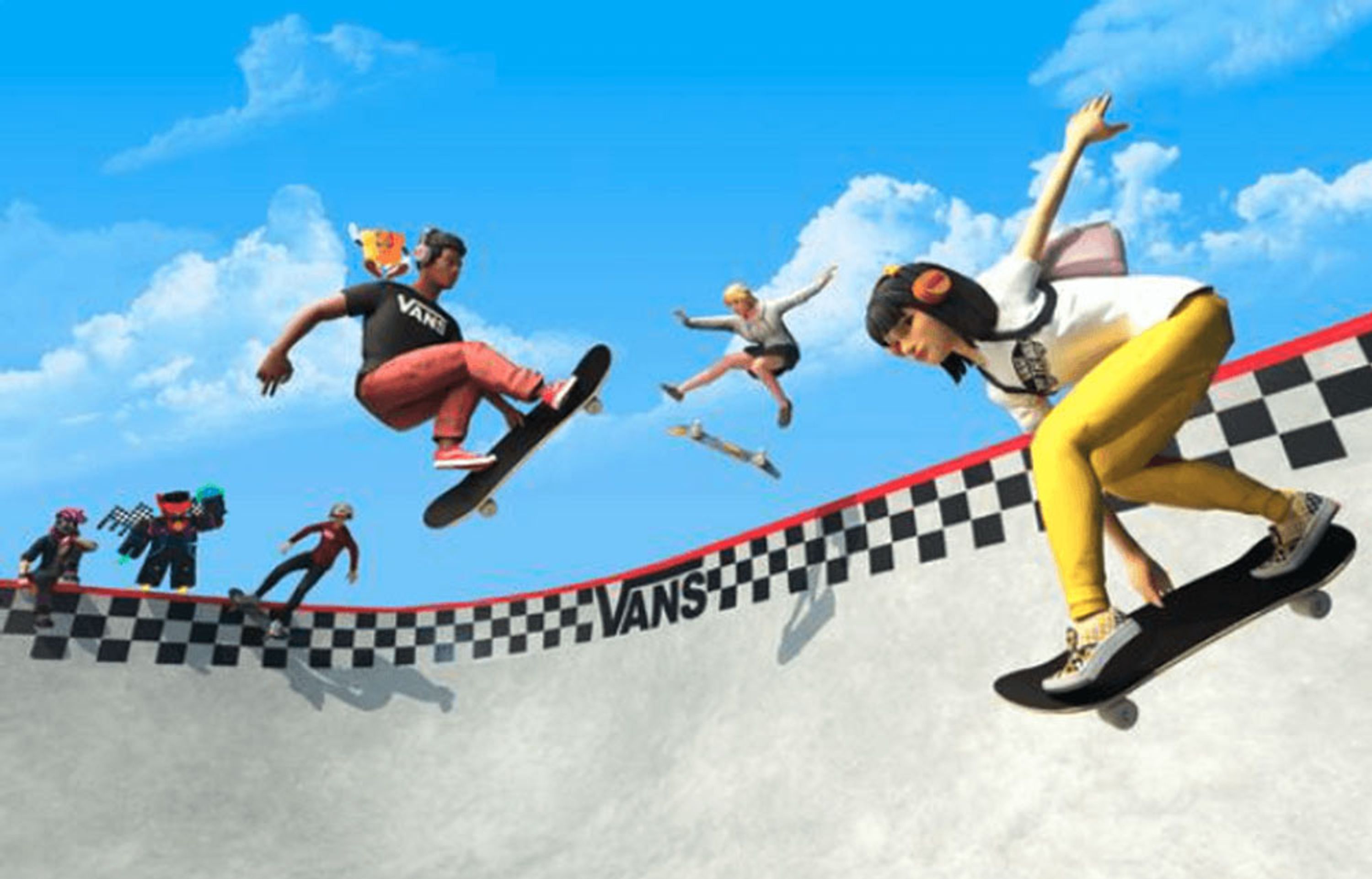Image of a video game showing example of a metaverse where skateboarders are customized with their own gear and currency.