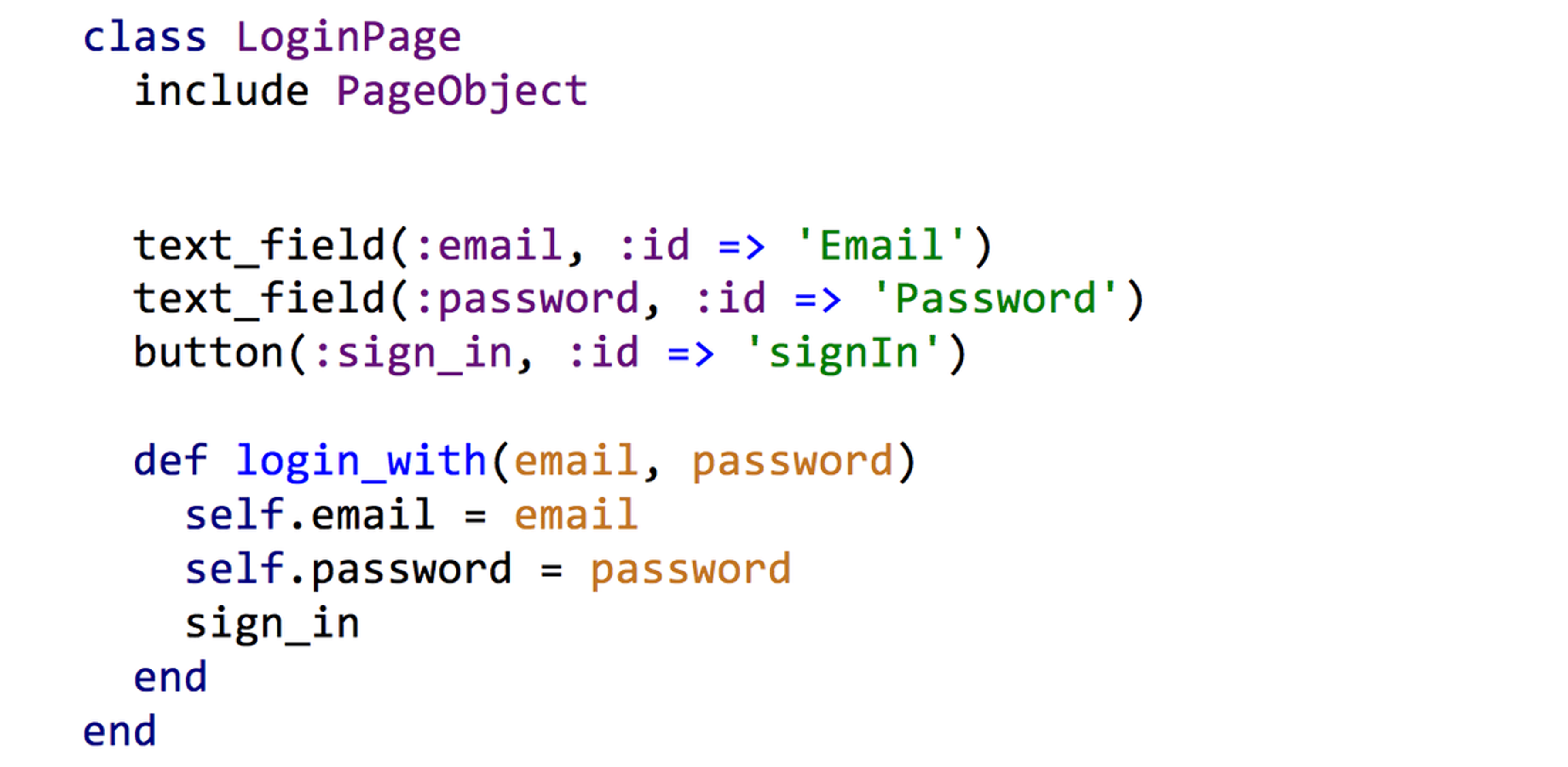 Image showing how to create a Login page using an Page Object gem.